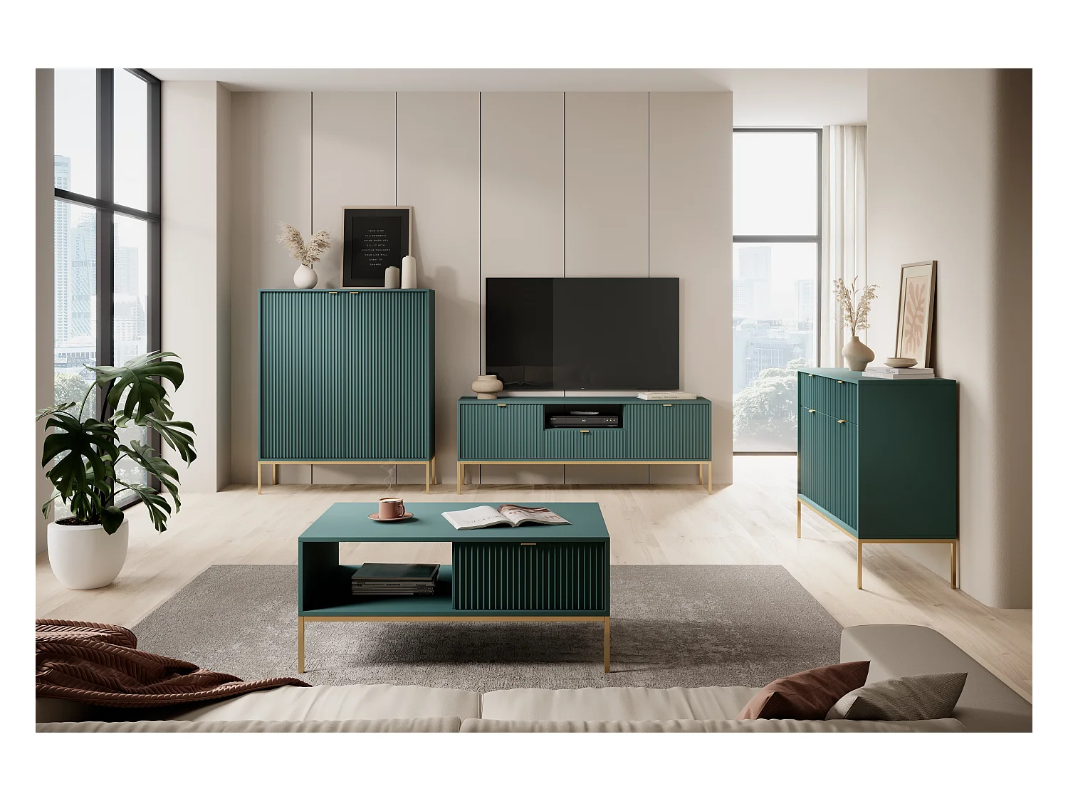 Meuble TV : 1 tiroir, 2 portes, labrador, or, 154 x 56 x 39 cm, poignées dorées