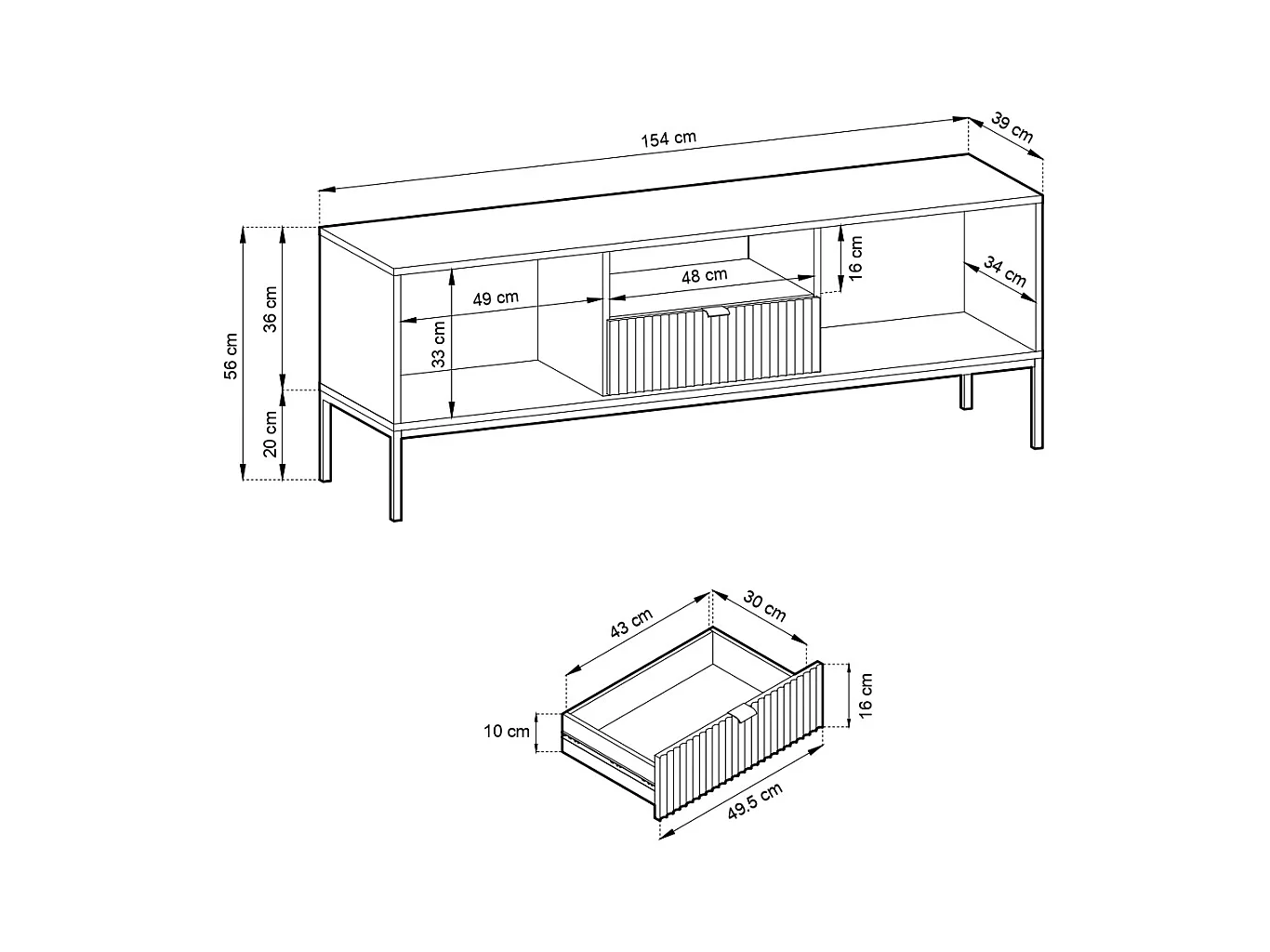 Meuble TV : 1 tiroir, 2 portes, labrador, or, 154 x 56 x 39 cm, poignées dorées
