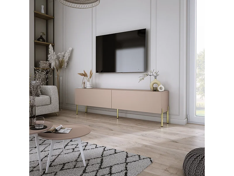 Szafka RTV: Karmelowy Brąz, 140 x 52 x 32 cm, złote nogi