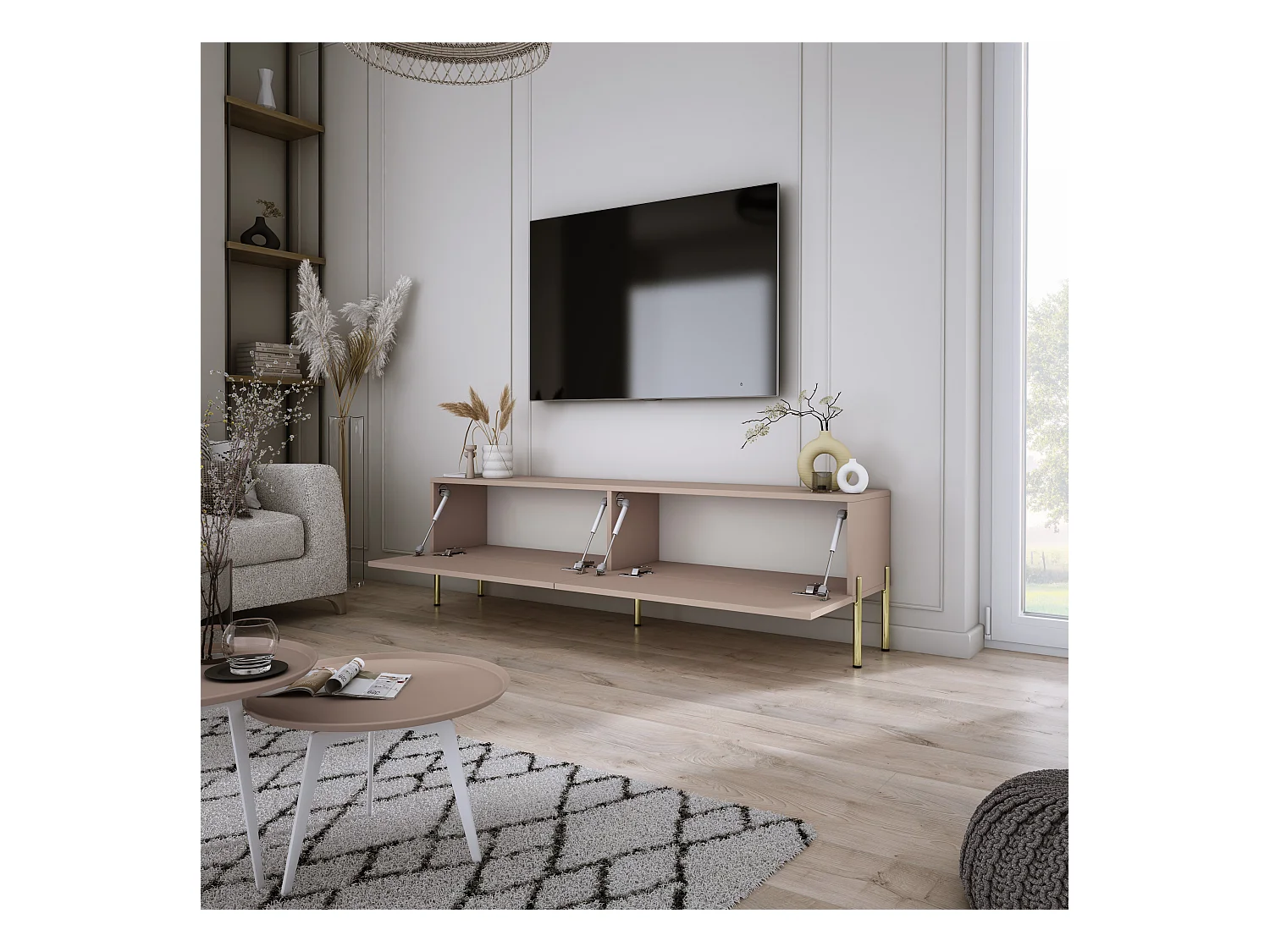 Meuble TV : Brun Caramel, 140 x 52 x 32 cm, pieds dorées