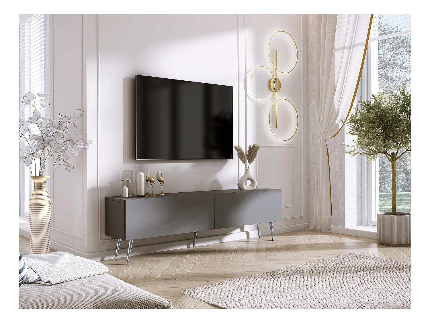 Meuble TV : Anthracite, pieds Chrome, 170 x 52 x 32 cm