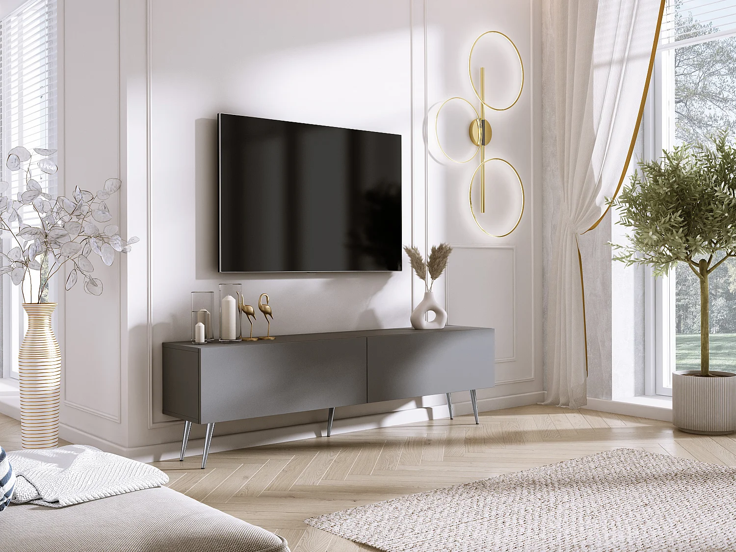 Meuble TV : Anthracite, pieds Chrome, 170 x 52 x 32 cm