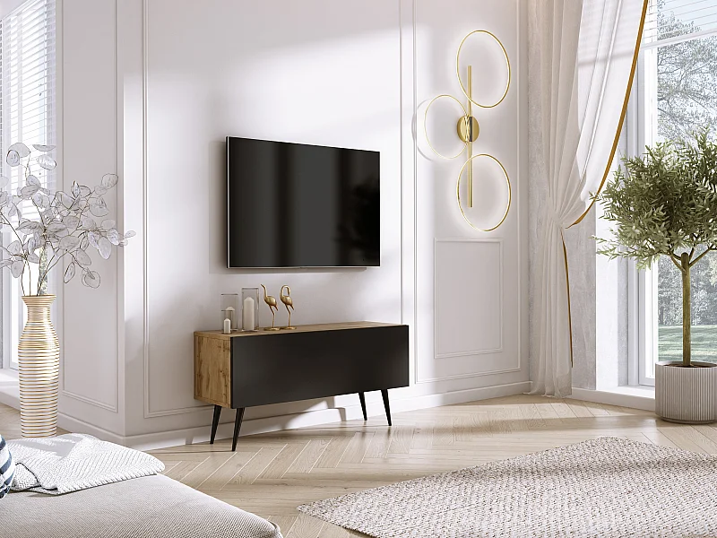 Meuble TV : Chêne Wotan / Noir Mat, pieds noires, 100 x 52 x 32 cm