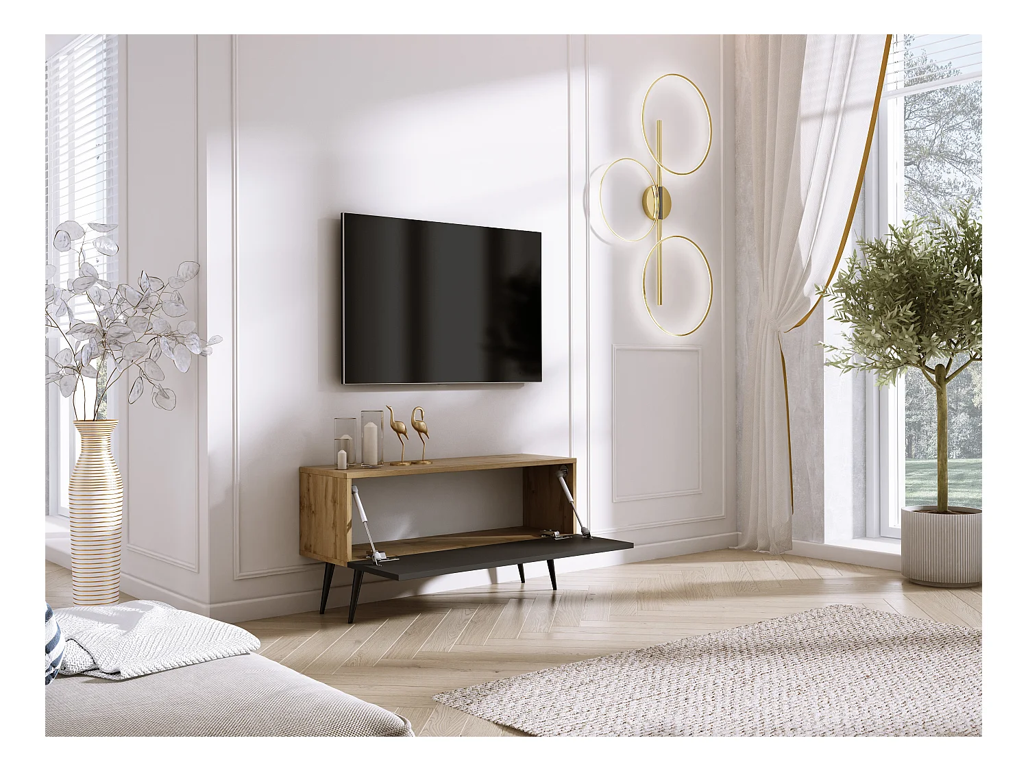 TV-Schrank: Wotan-Eiche / Mattschwarz, schwarze Beine, 100 x 52 x 32 cm