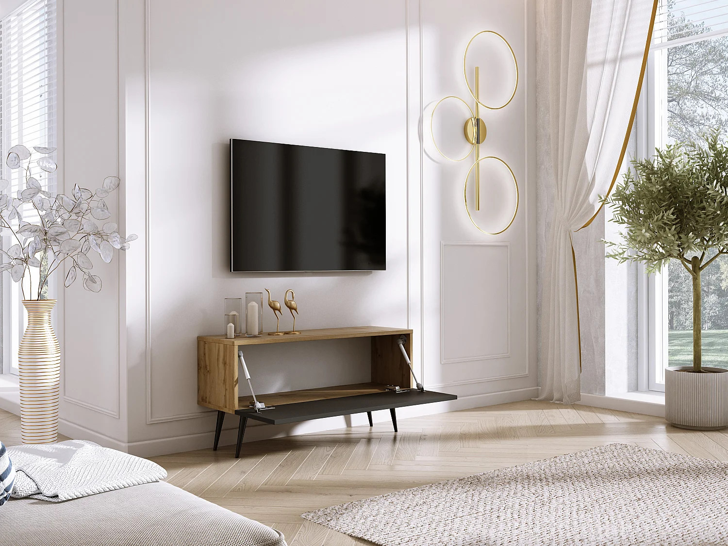 Szafka RTV: Dąb Wotan / Czarny Mat, nogi czarne, 100 x 52 x 32 cm