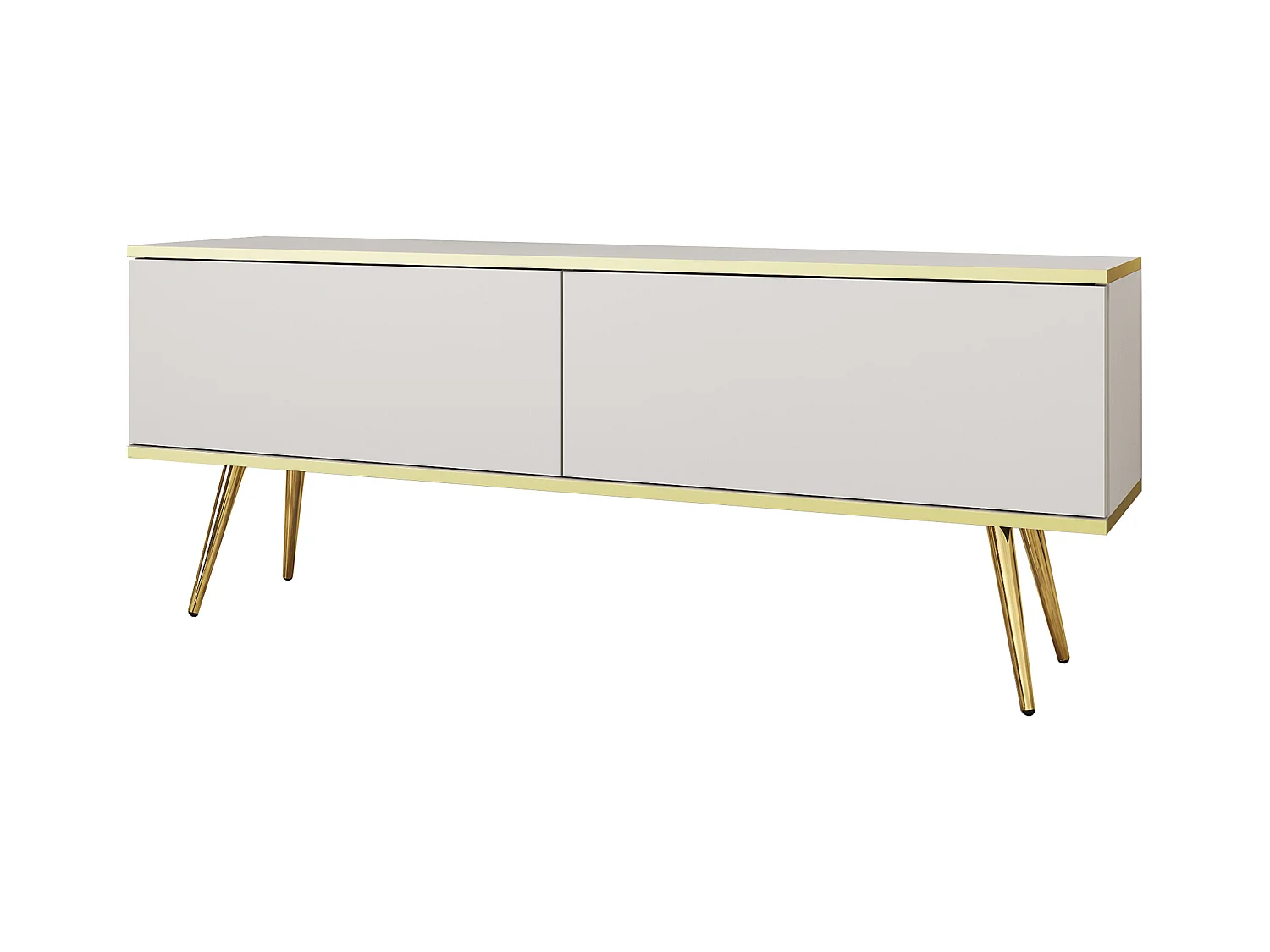 Meuble TV, Blanc, pieds Or, 135 x 30 x 32 cm, Push to Open