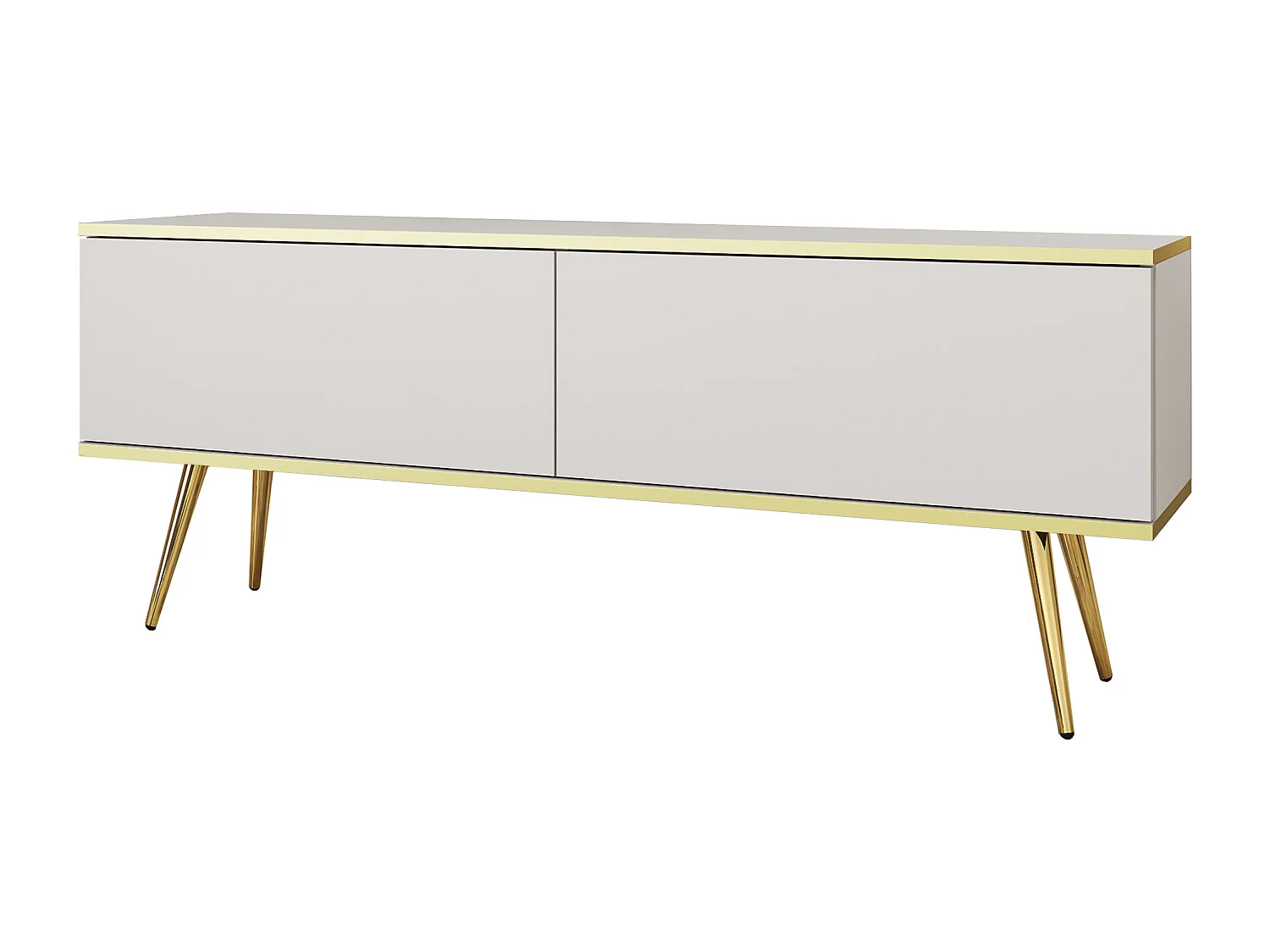 Meuble TV, Blanc, pieds Or, 135 x 30 x 32 cm, Push to Open