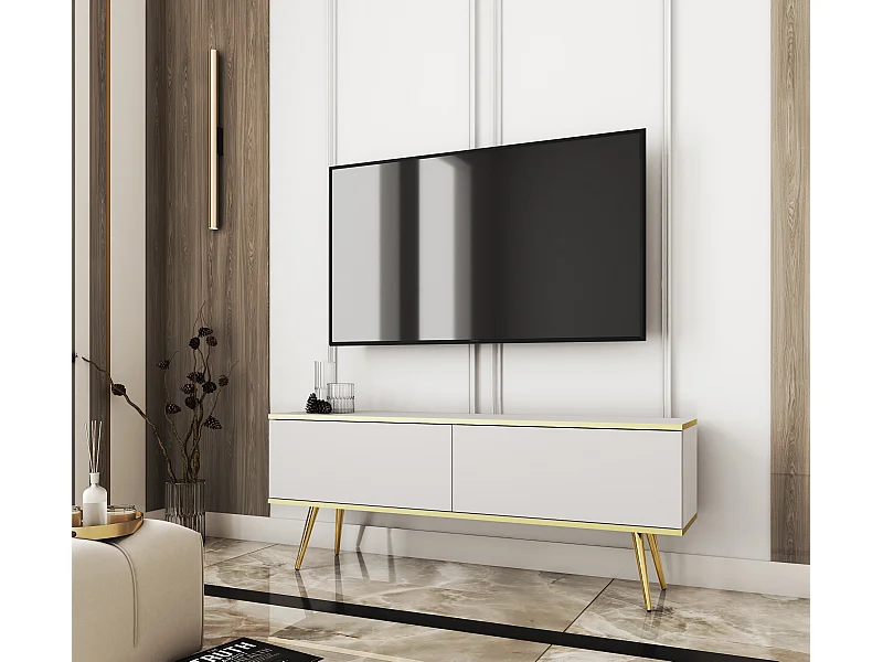 Meuble TV, Blanc, pieds Or, 135 x 30 x 32 cm, Push to Open