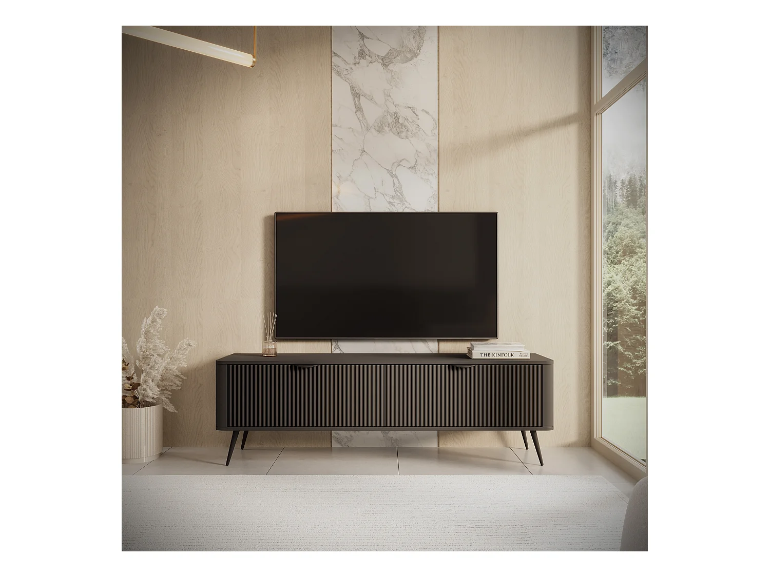 Meuble TV : 2 portes, du meuble : noir, 163,2 x 51,2 x 38cm