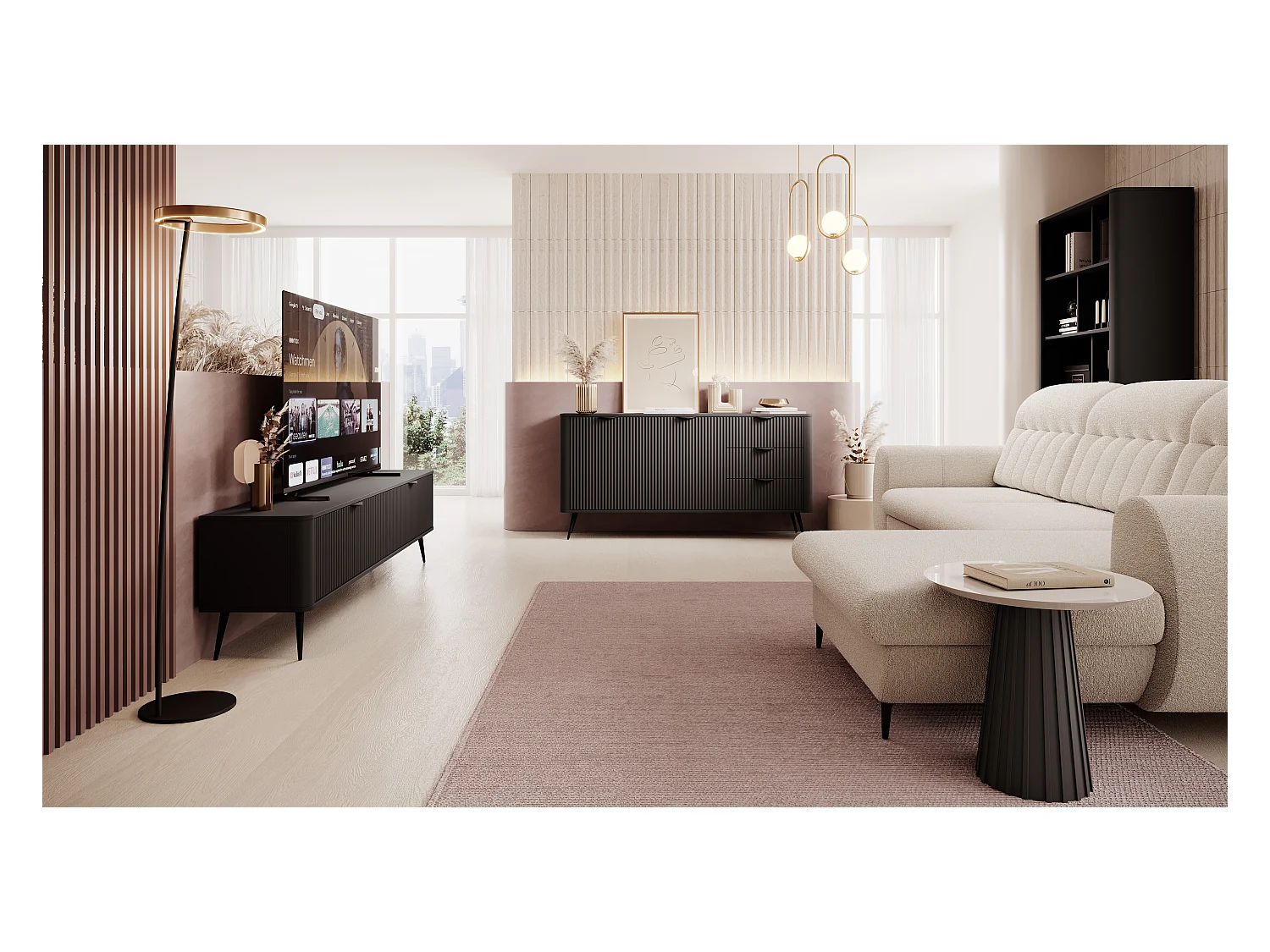 Meuble TV : 2 portes, du meuble : noir, 163,2 x 51,2 x 38cm