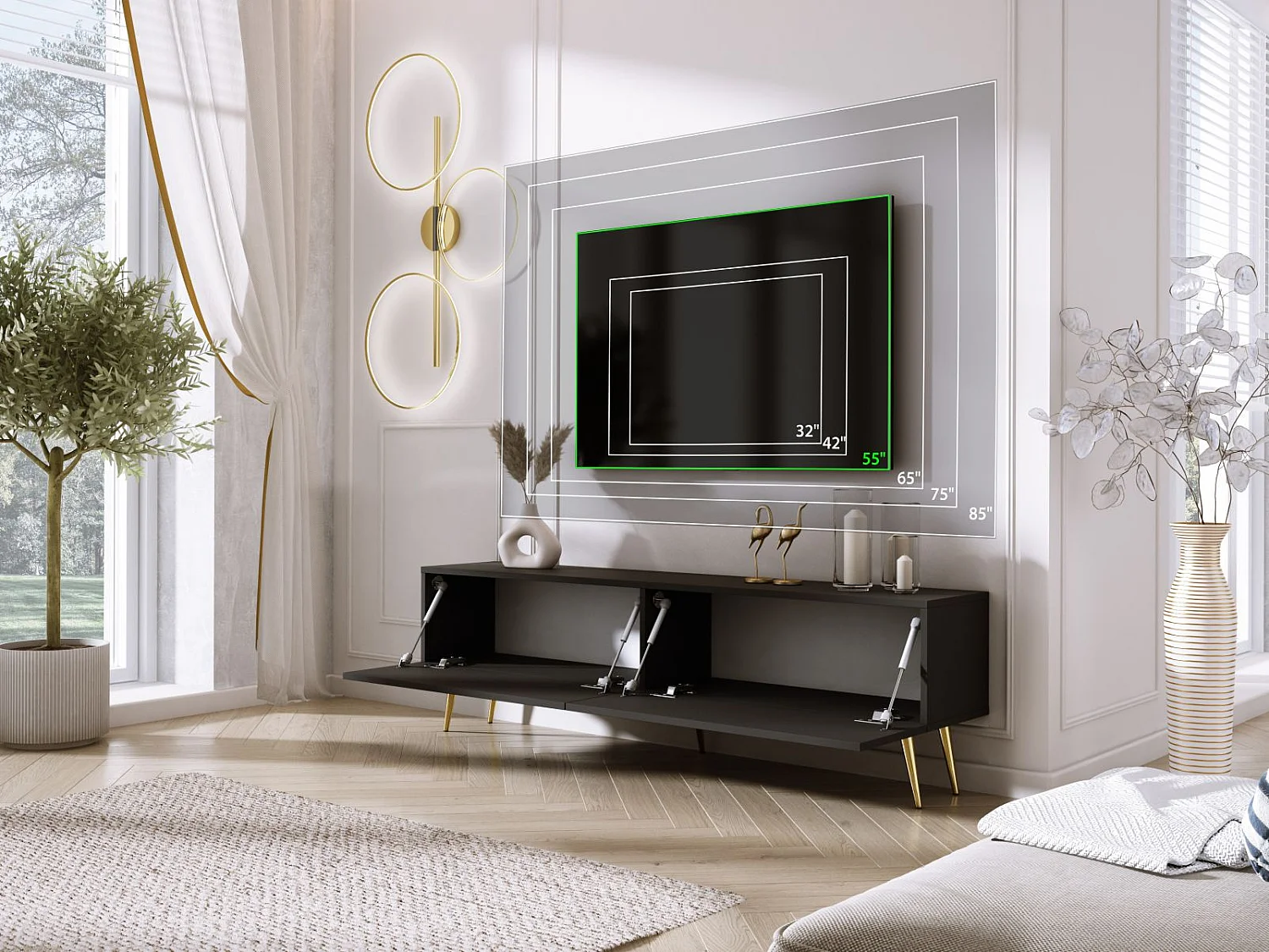 TV-meubel: Mat Zwart / Glanzend Zwart, gouden poten, 170 x 52 x 32 cm