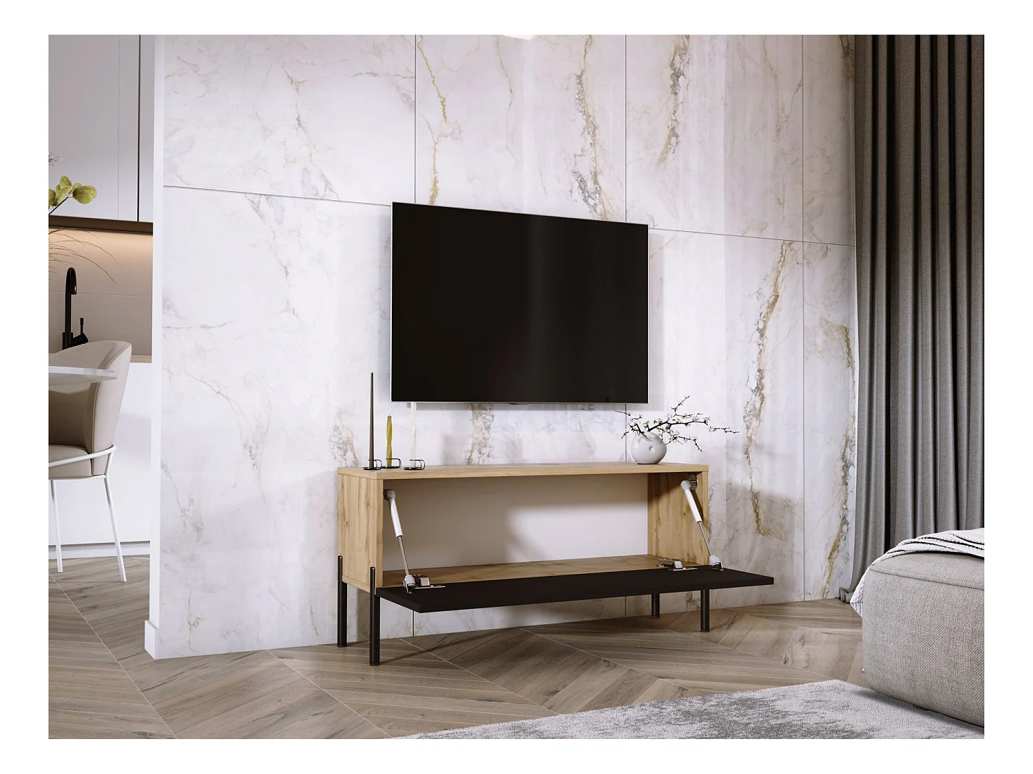 Meuble TV : Noir Mat, pieds noires, 100 x 52 x 32 cm