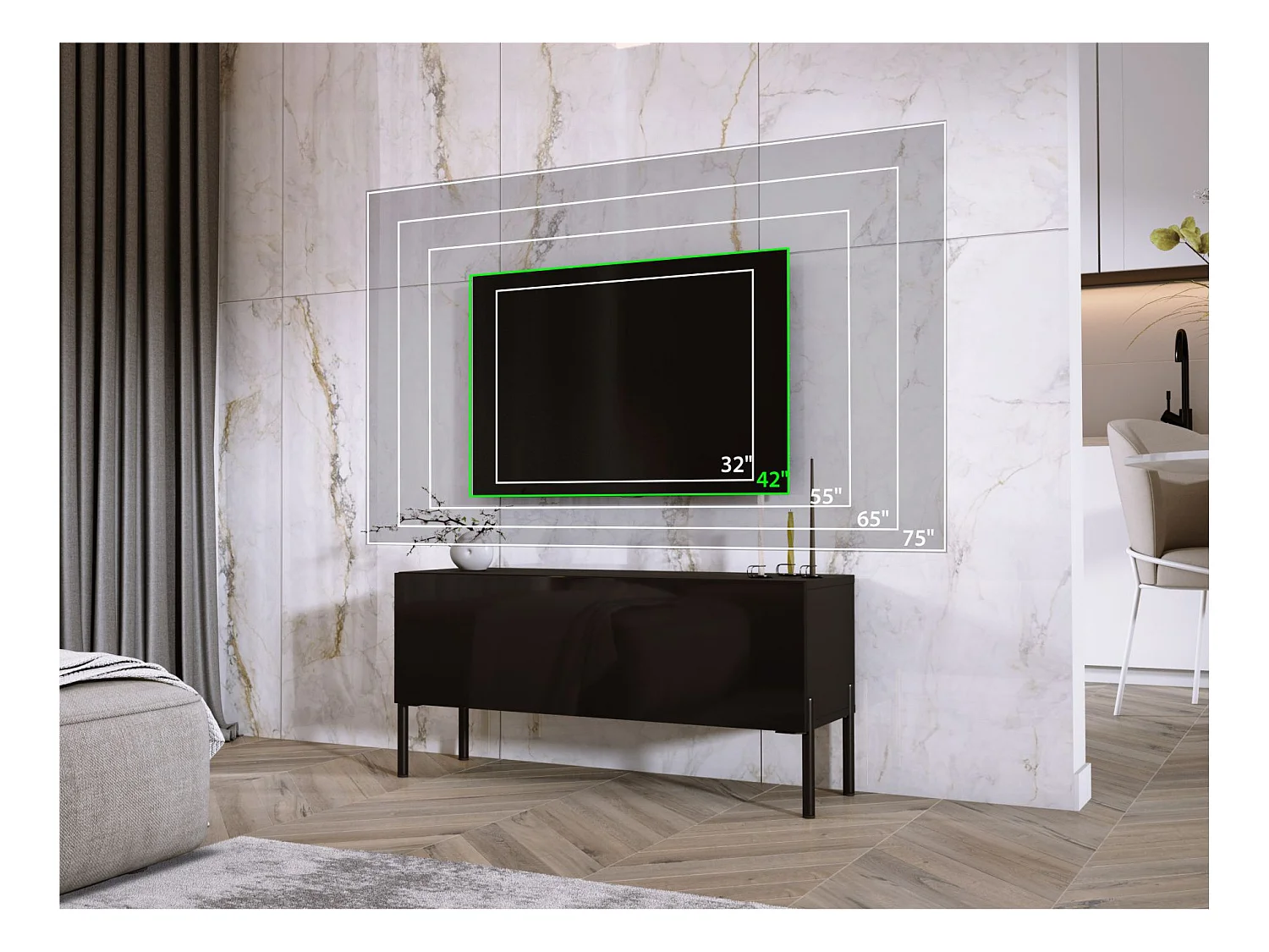 Meuble TV : Noir Mat, pieds noires, 100 x 52 x 32 cm