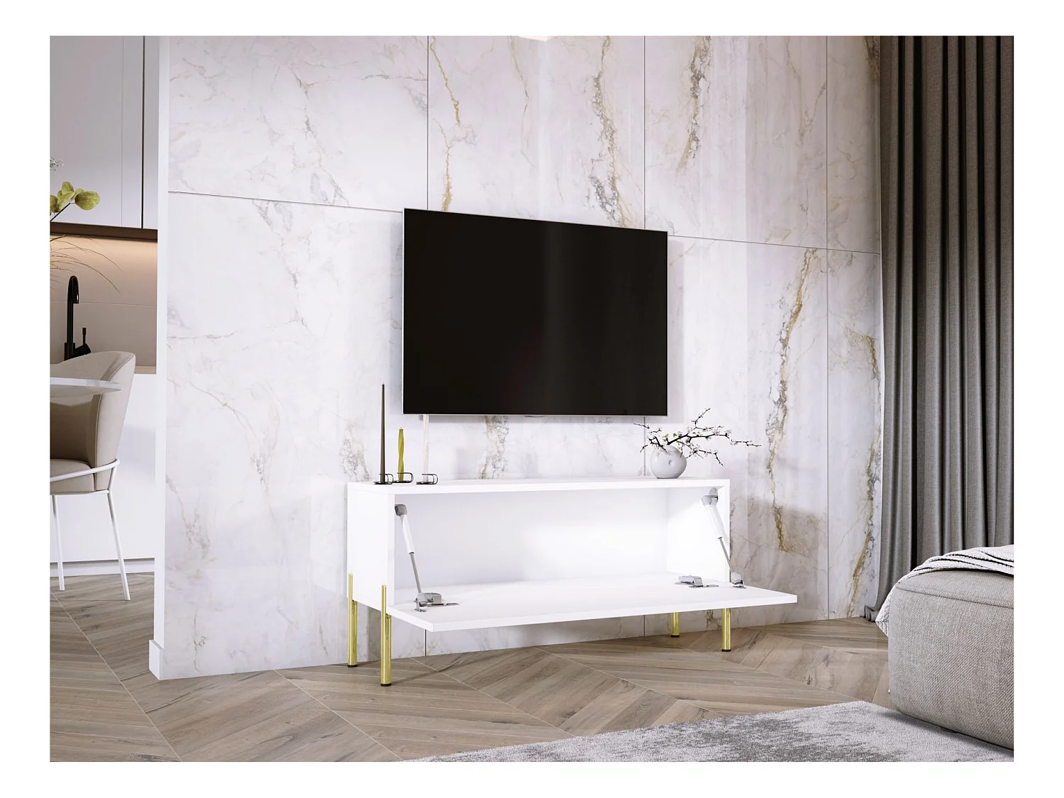 TV-meubel, Mat Wit, gouden poten, 100 x 52 x 32 cm