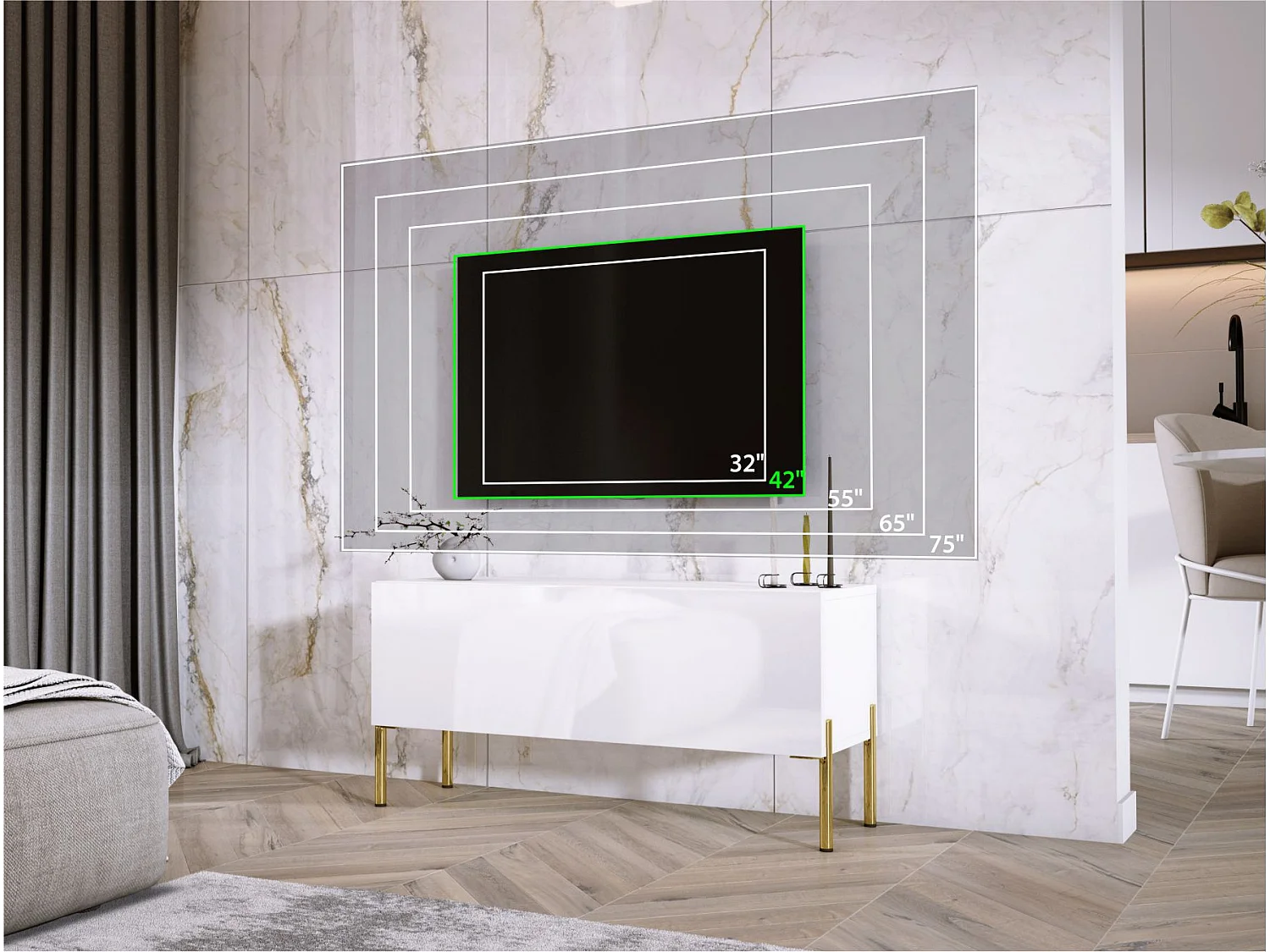 Szafka RTV, biały mat, złote nogi, 100 x 52 x 32 cm