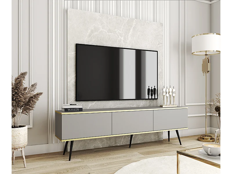 TV-Schrank, Grau, schwarze Beine, 175 x 30 x 52 cm, Push-to-Open