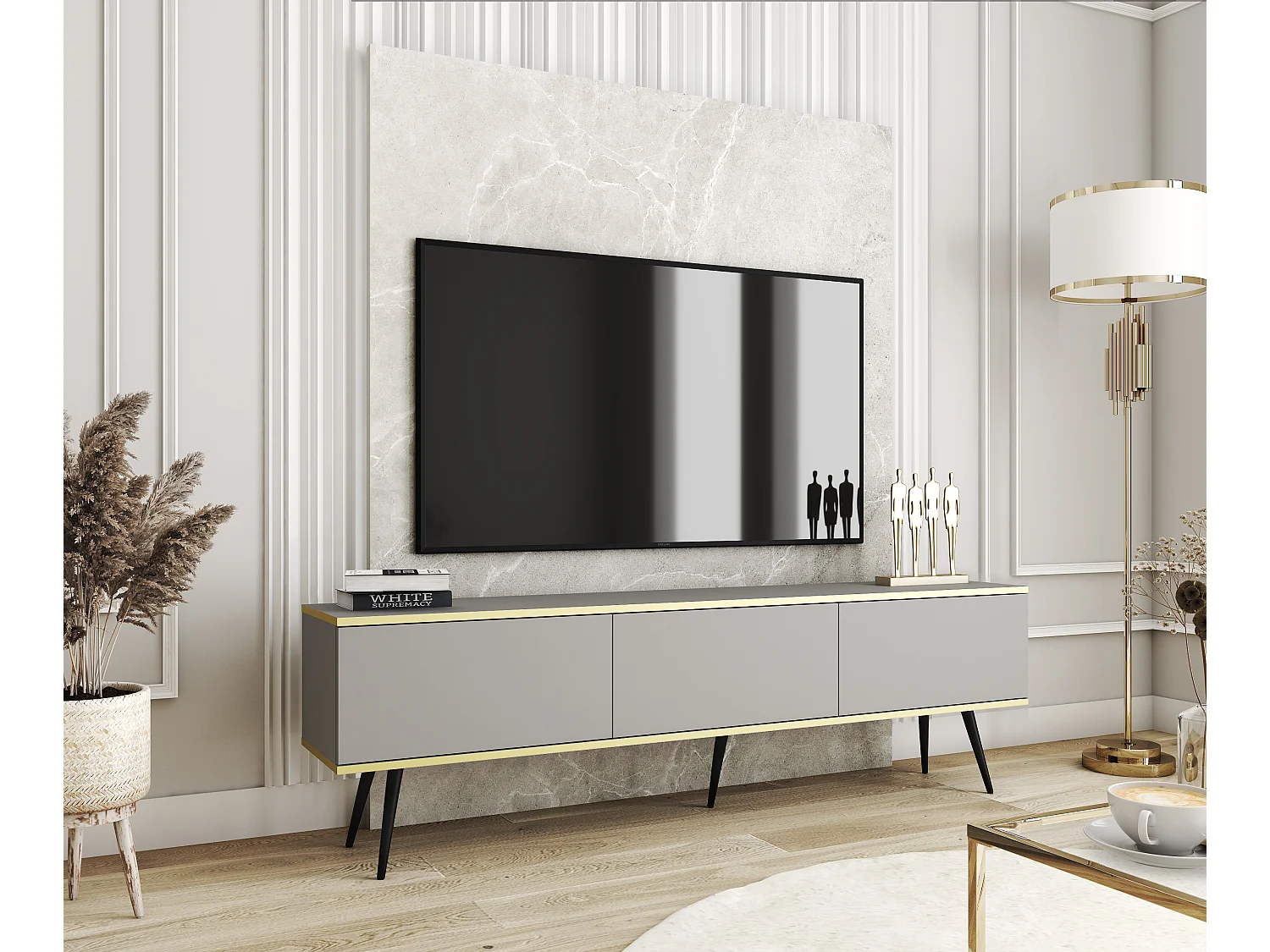 Szafka RTV, szara, czarne nogi, 175 x 30 x 52 cm, Push to Open