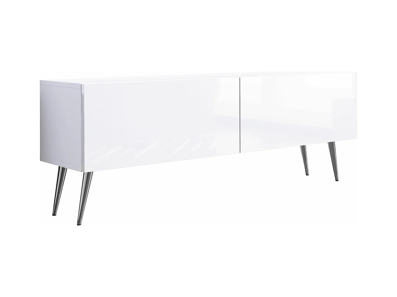 Mueble TV: Blanco Mate / Blanco Brillo, Patas Cromadas, 140 x 52 x 32 cm