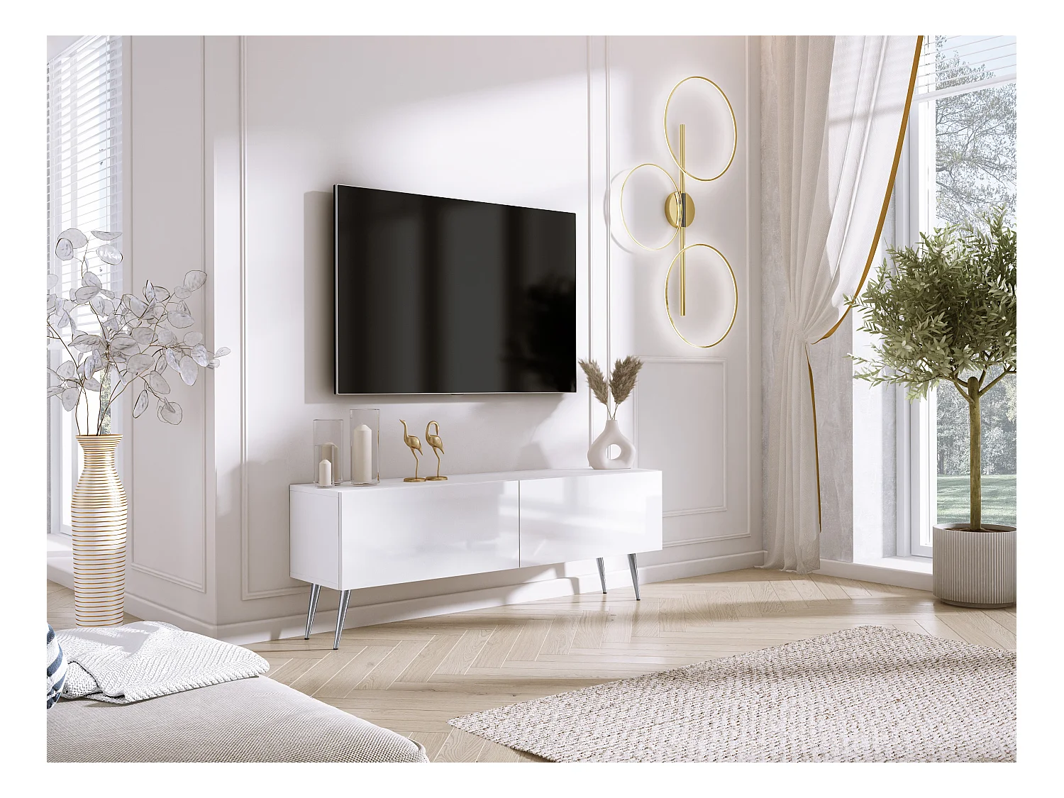 Meuble TV : Blanc Mat / Blanc Brillant, pieds Chrome, 140 x 52 x 32 cm