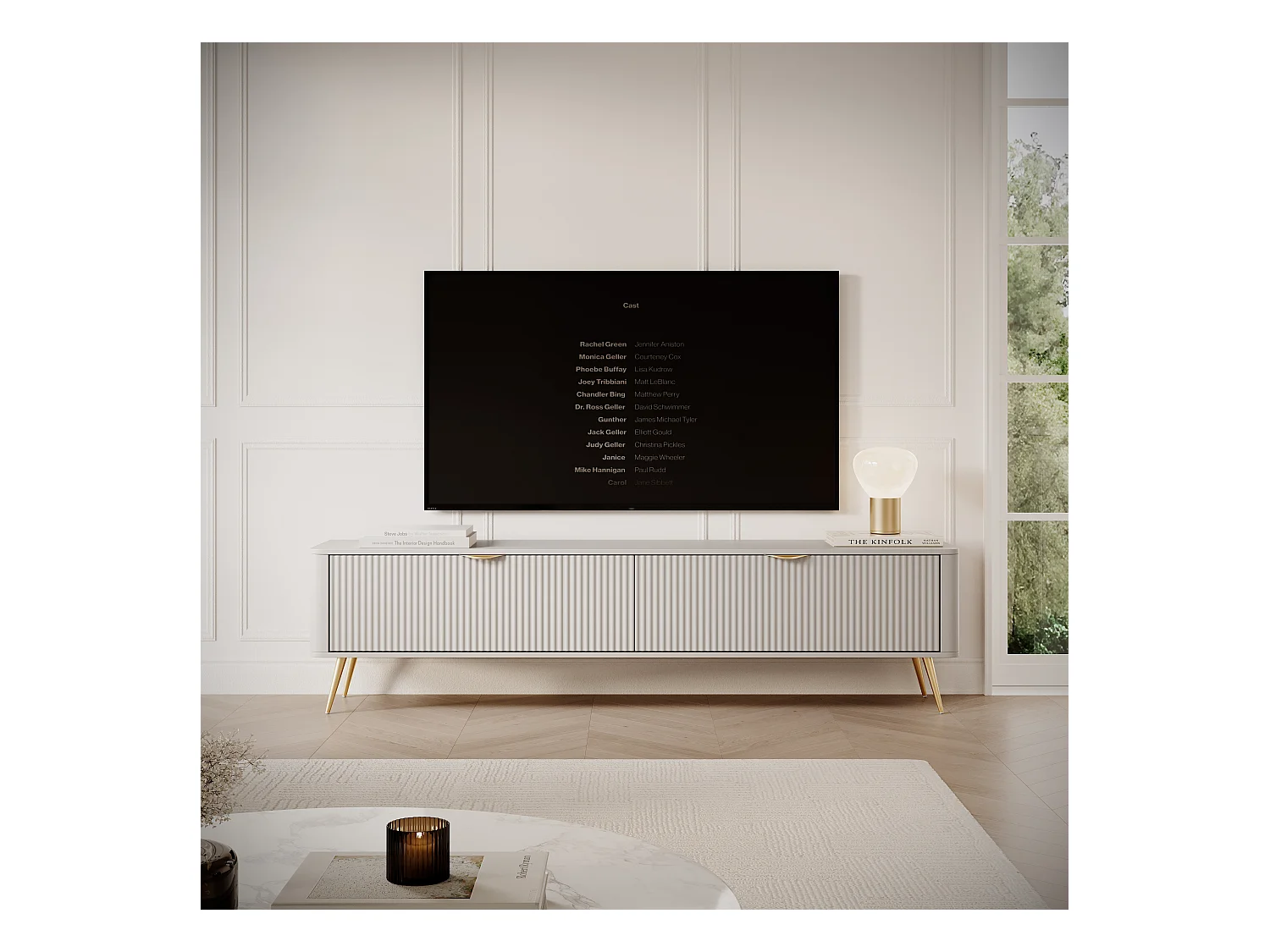 Meuble TV : 2 portes, meuble : Cachemire, pieds dorés, 200 x 51,2 x 38cm