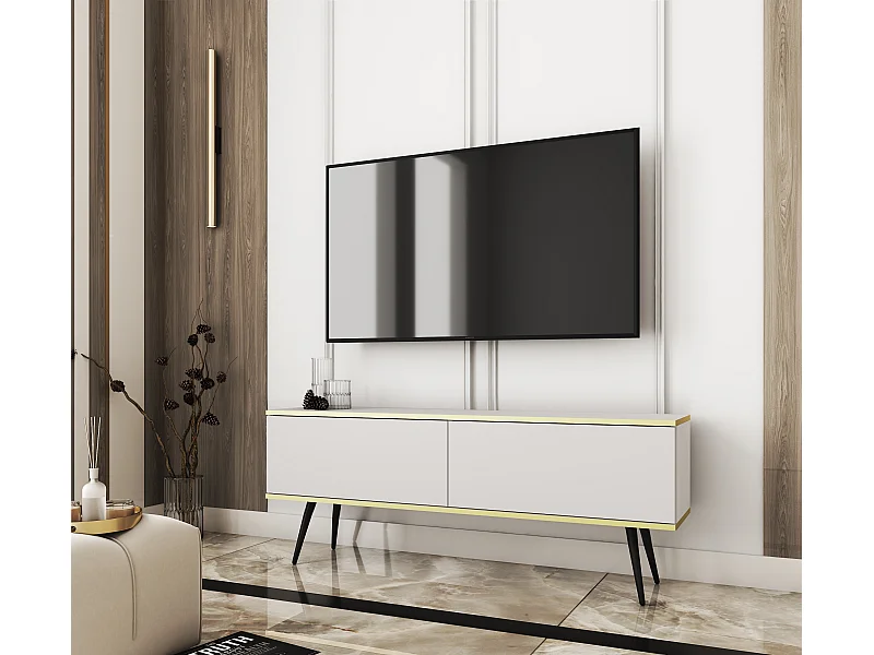 Meuble TV, Blanc, pieds Noir, 135 x 30 x 52 cm, Push to Open