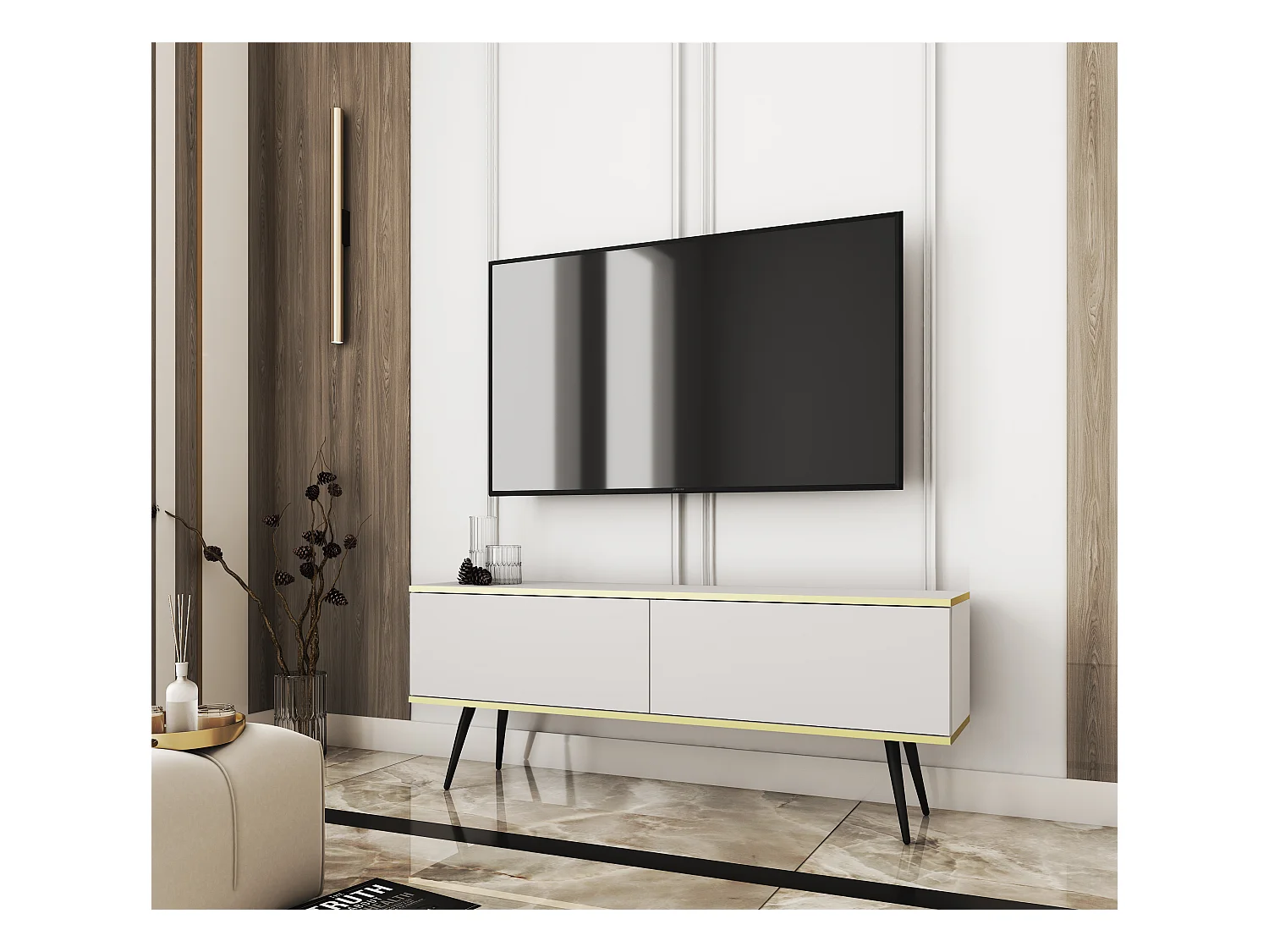 Meuble TV, Blanc, pieds Noir, 135 x 30 x 52 cm, Push to Open