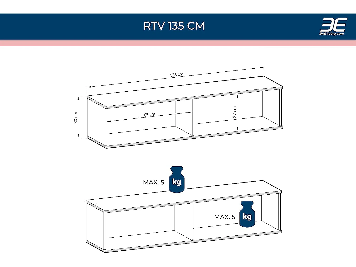 TV-Schrank, Weiß, schwarze Beine, 135 x 30 x 52 cm, Push-to-Open