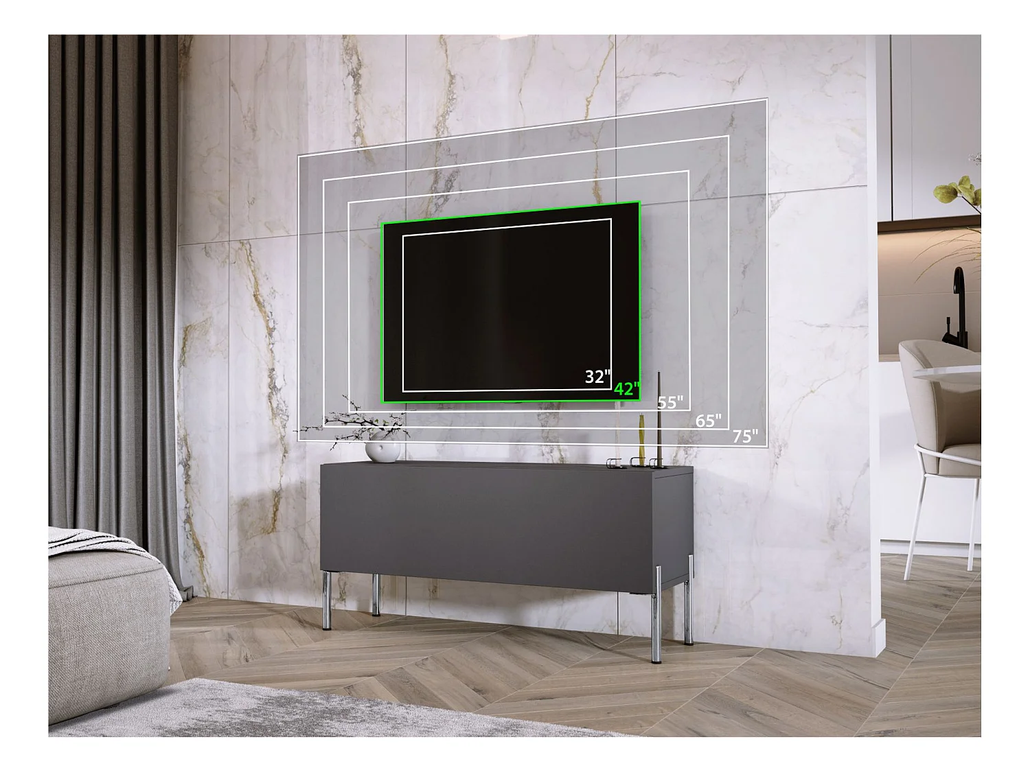 Meuble TV Anthracite, pieds Chrome, 100 x 52 x 32 Cm