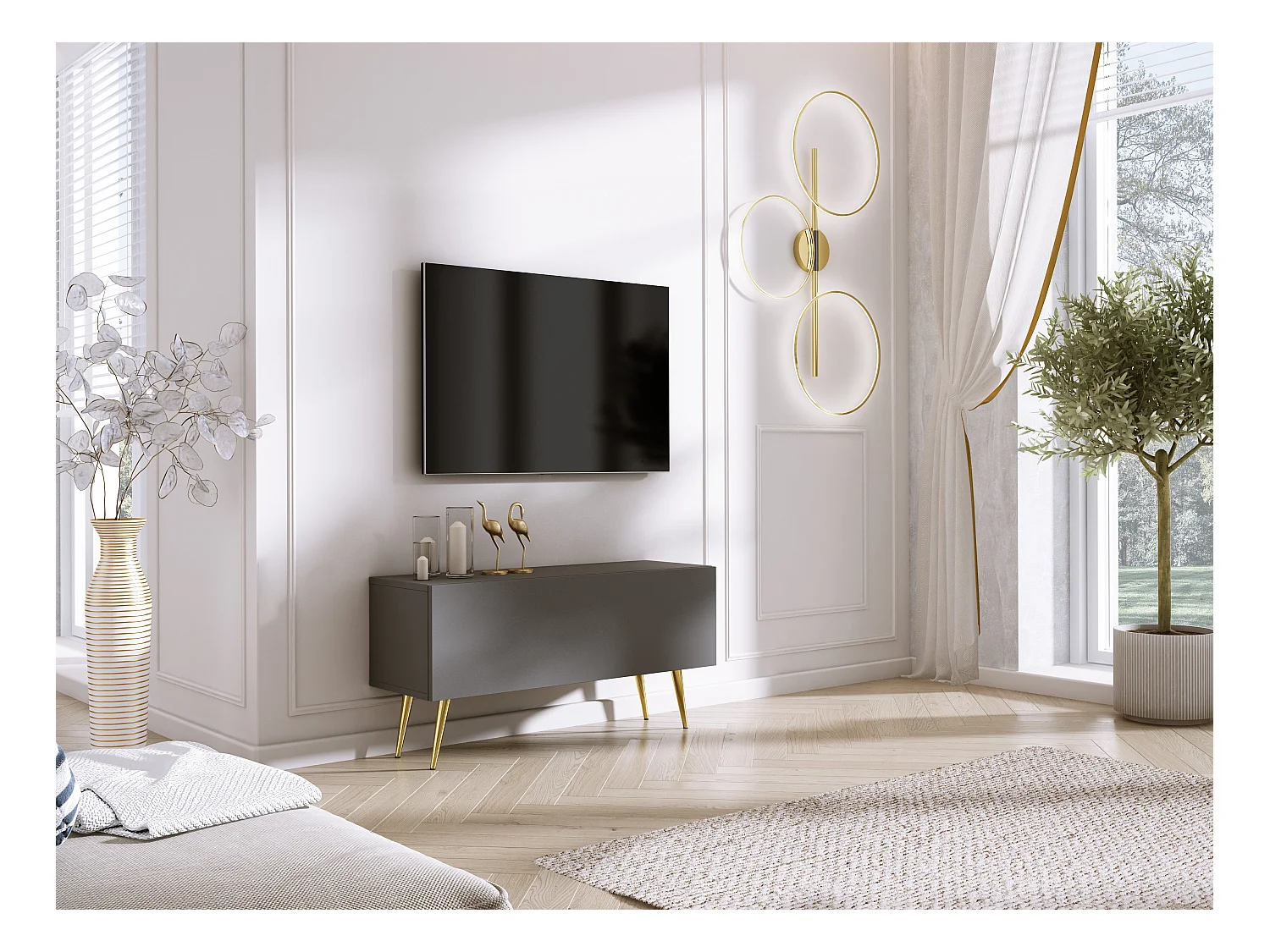 Meuble TV Anthracite, pieds dorées, 100 x 52 x 32 cm