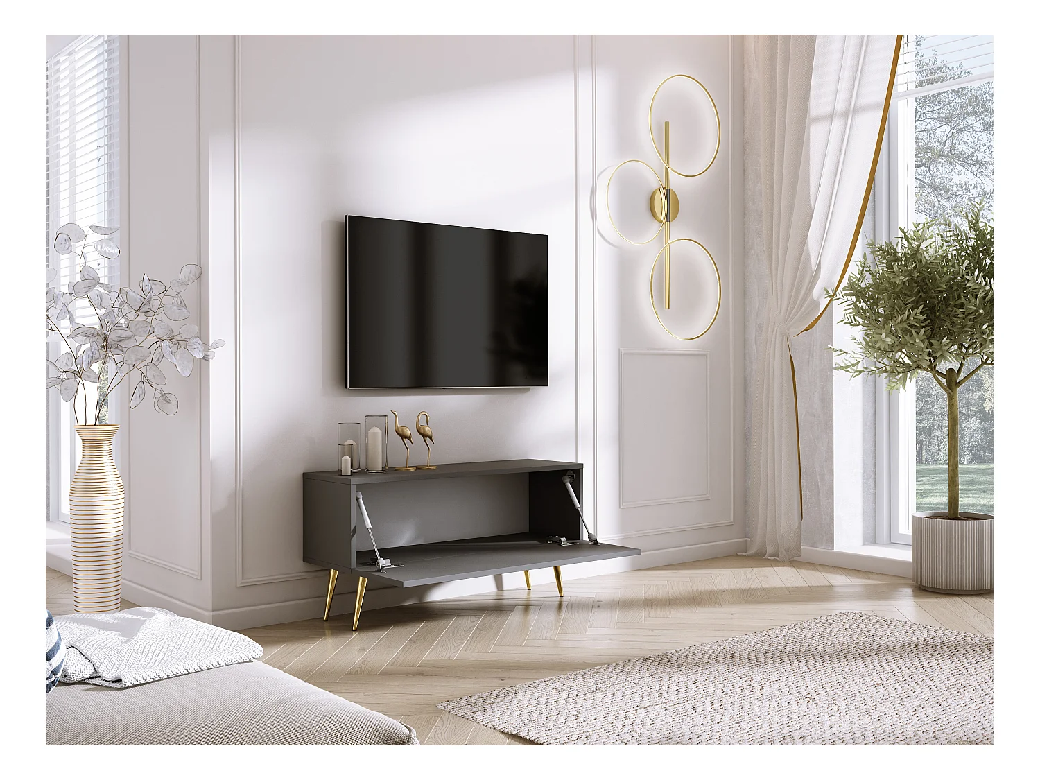 Meuble TV Anthracite, pieds dorées, 100 x 52 x 32 cm