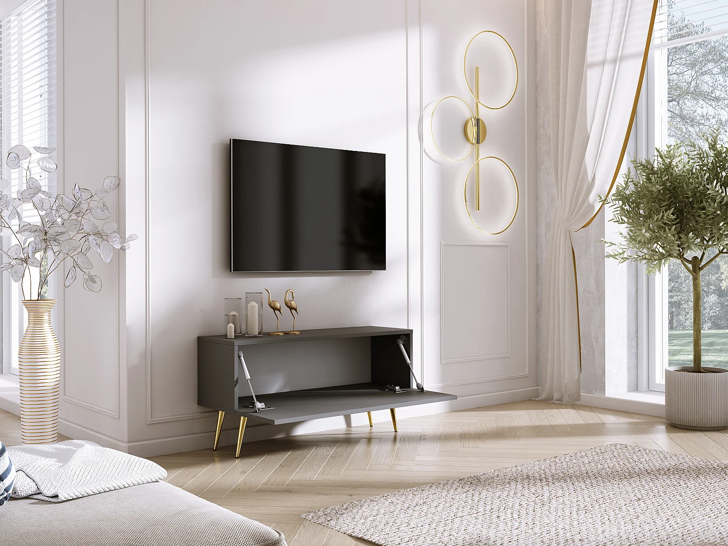 Meuble TV Anthracite, pieds dorées, 100 x 52 x 32 cm