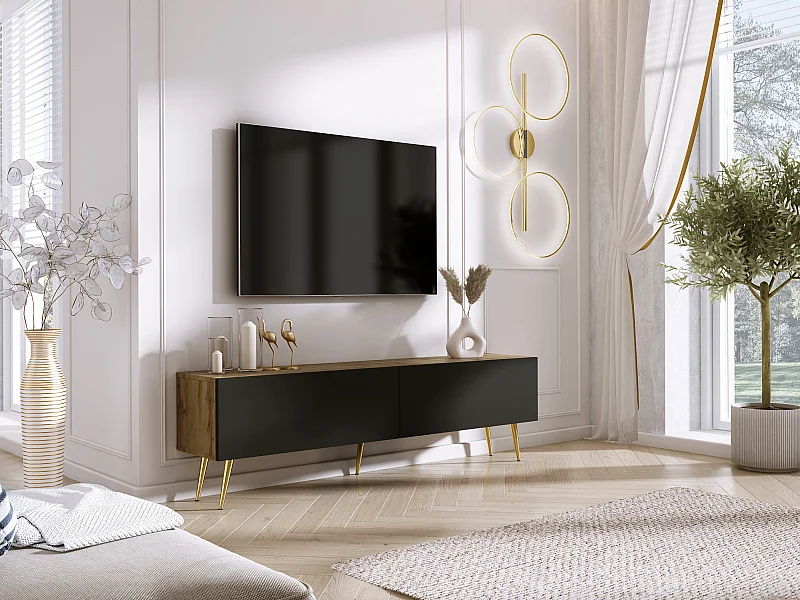TV-meubel: Wotan Eiken / Mat Zwart, gouden poten, 170 x 52 x 32 cm