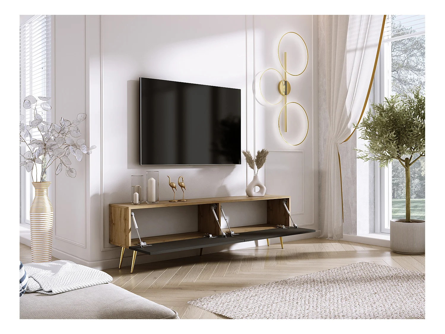 TV-meubel: Wotan Eiken / Mat Zwart, gouden poten, 170 x 52 x 32 cm