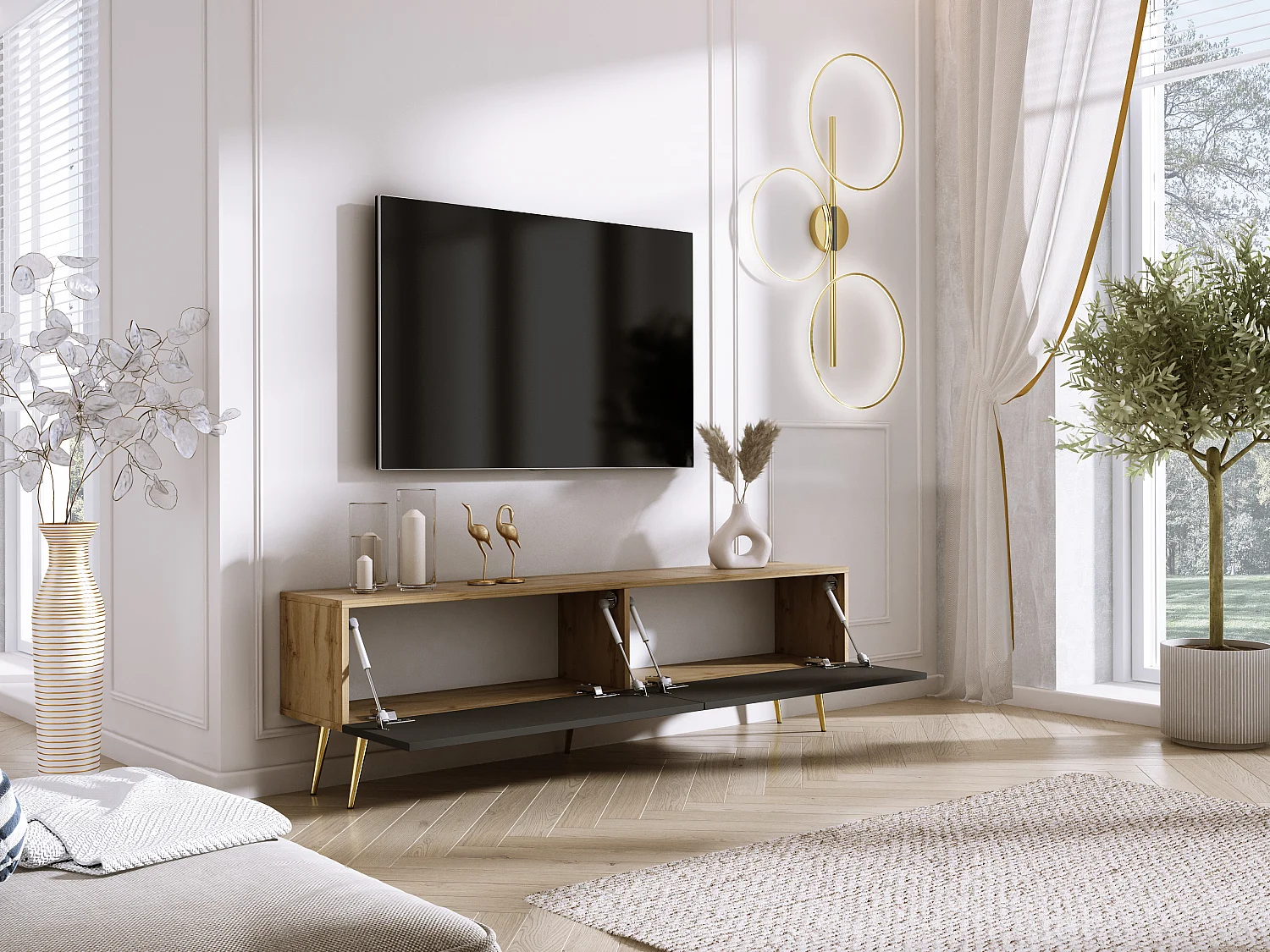Meuble TV : Chêne Wotan / Noir Mat, pieds dorées, 170 x 52 x 32 cm