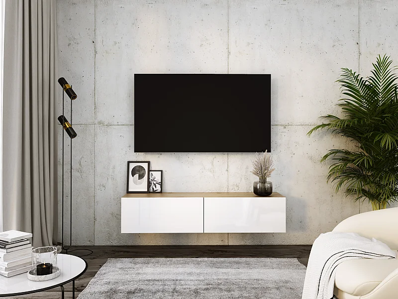 Meuble TV Suspendu, 140 x 34 x 32 cm, Chêne Wotan / Blanc Brillant