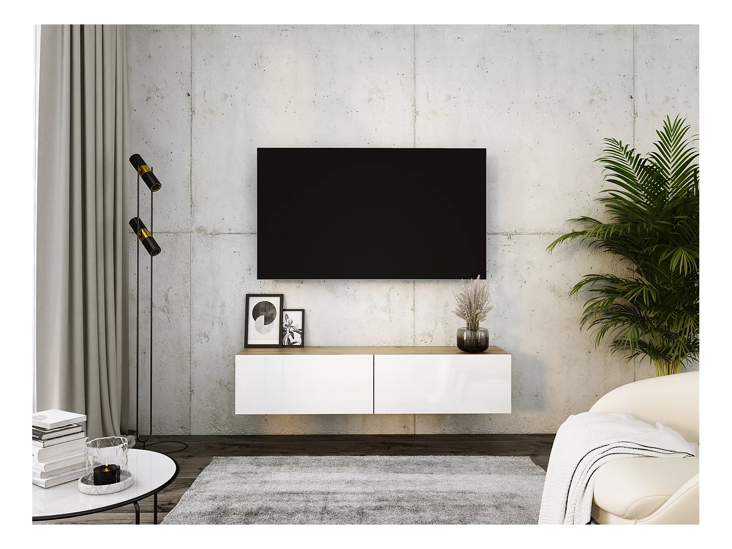 Hängendes TV-Element, 140 x 34 x 32 cm, Wotan-Eiche / Weiß glänzend