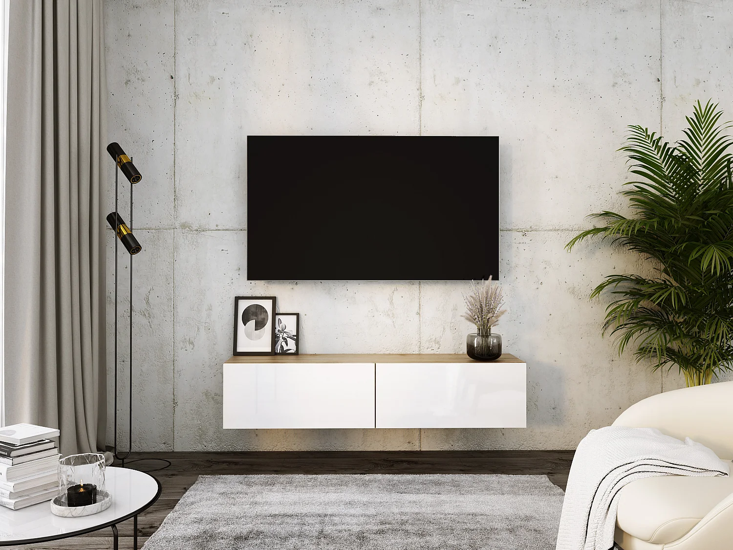 Móvel de TV suspenso, 140 x 34 x 32 cm, carvalho Wotan / branco brilhante