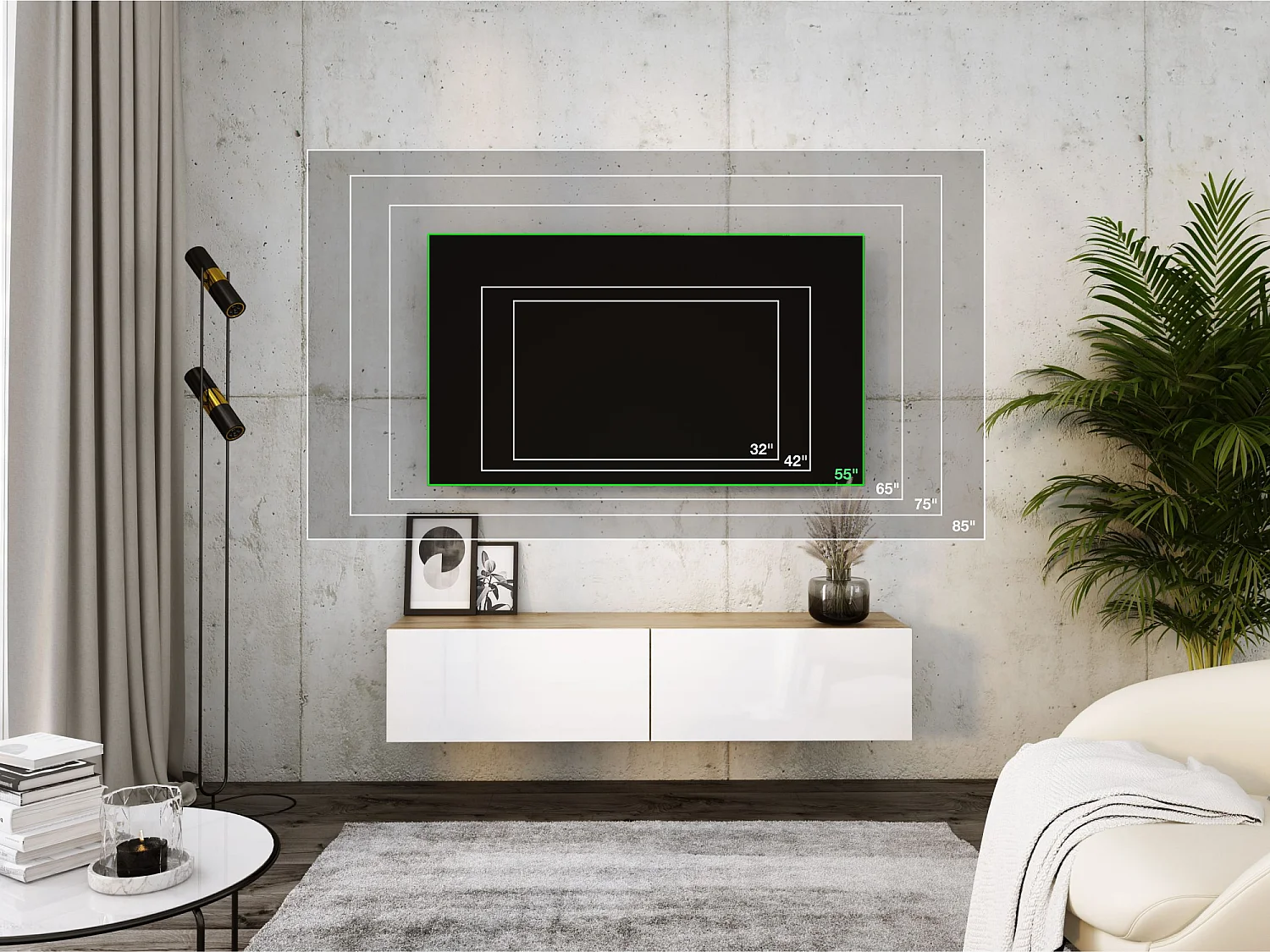 Móvel de TV suspenso, 140 x 34 x 32 cm, carvalho Wotan / branco brilhante