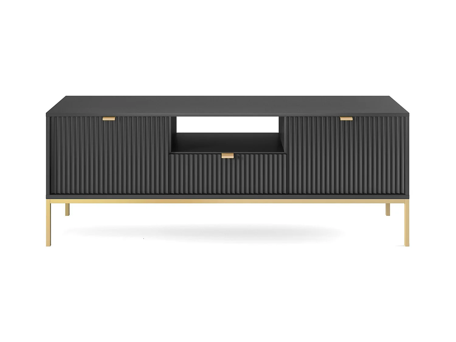 Meuble TV : 1 tiroir, 2 portes, Noir, or, 154 x 56 x 39 cm, poignées dorées