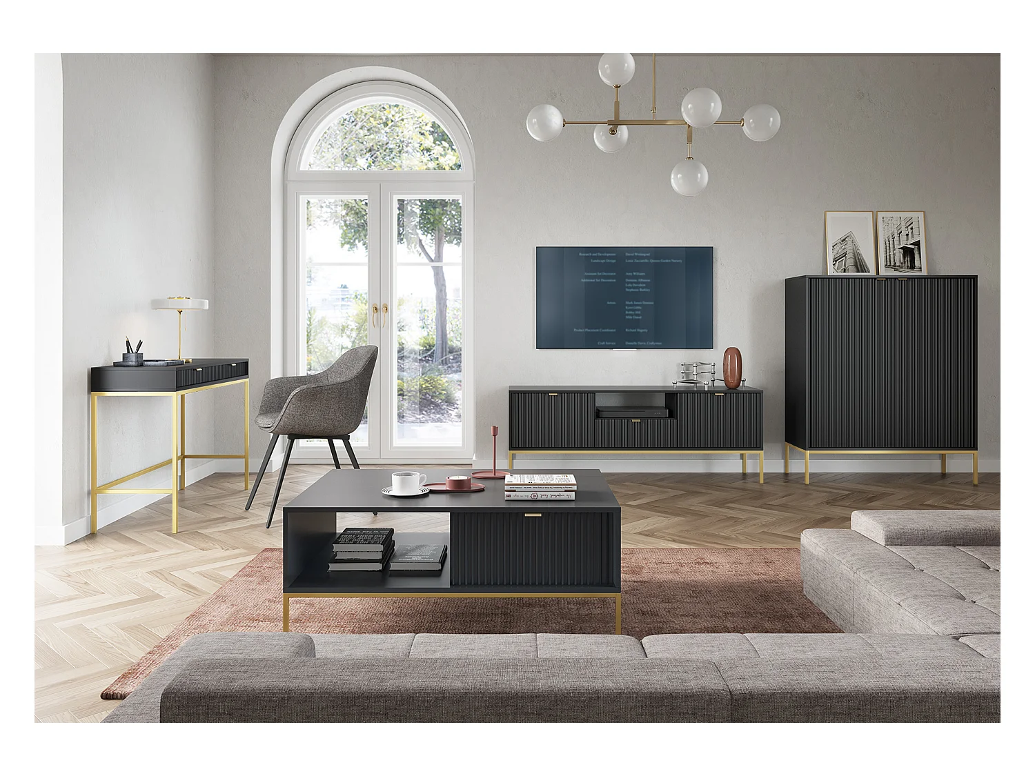 Meuble TV : 1 tiroir, 2 portes, Noir, or, 154 x 56 x 39 cm, poignées dorées