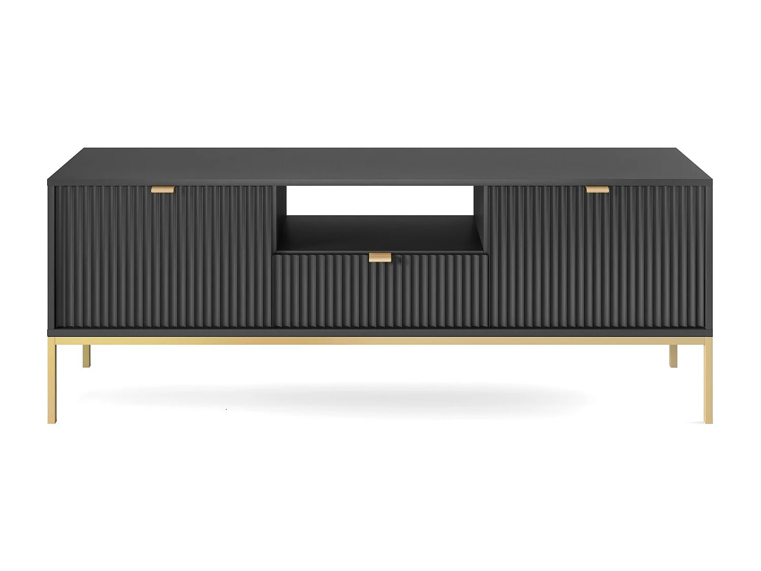 Meuble TV : 1 tiroir, 2 portes, Noir, or, 154 x 56 x 39 cm, poignées dorées