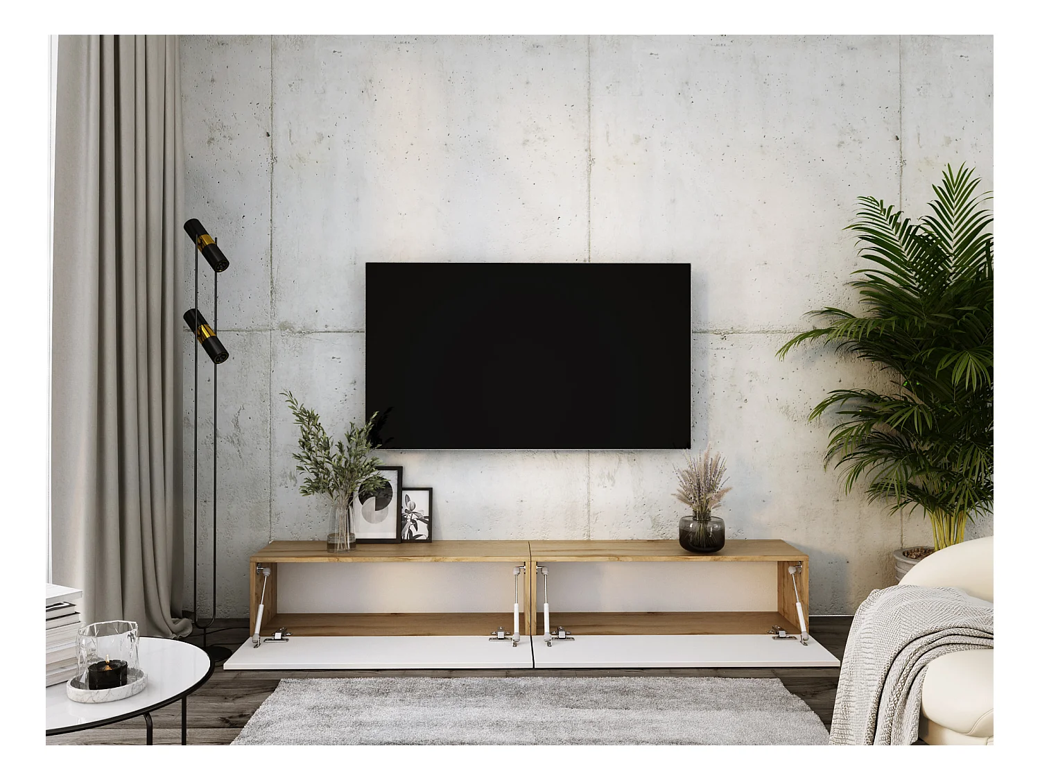 Meuble TV Suspendu, (2 x 100) x 34 x 32 cm, Chêne Wotan / Blanc Brillant