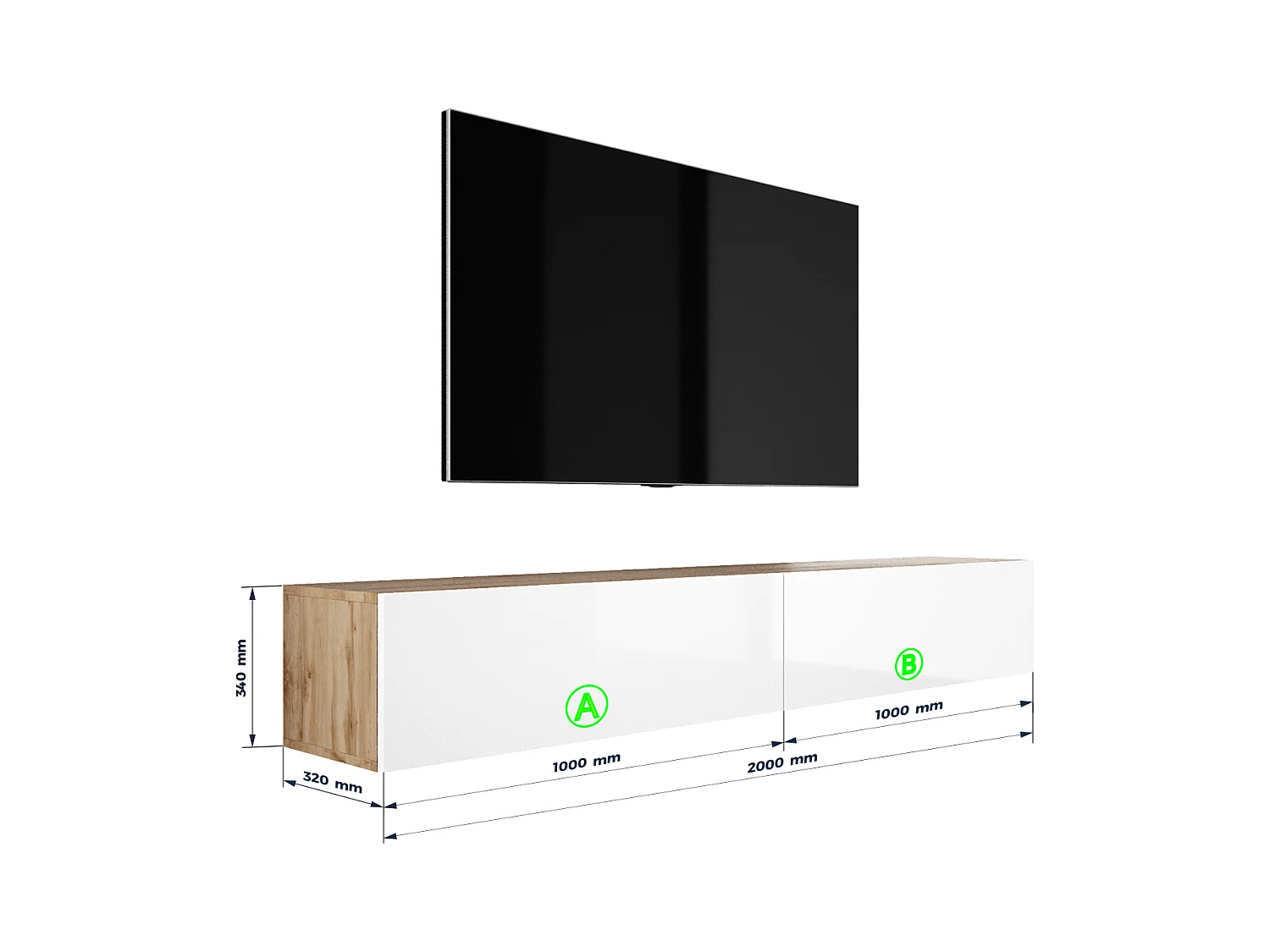 Meuble TV Suspendu, (2 x 100) x 34 x 32 cm, Chêne Wotan / Blanc Brillant