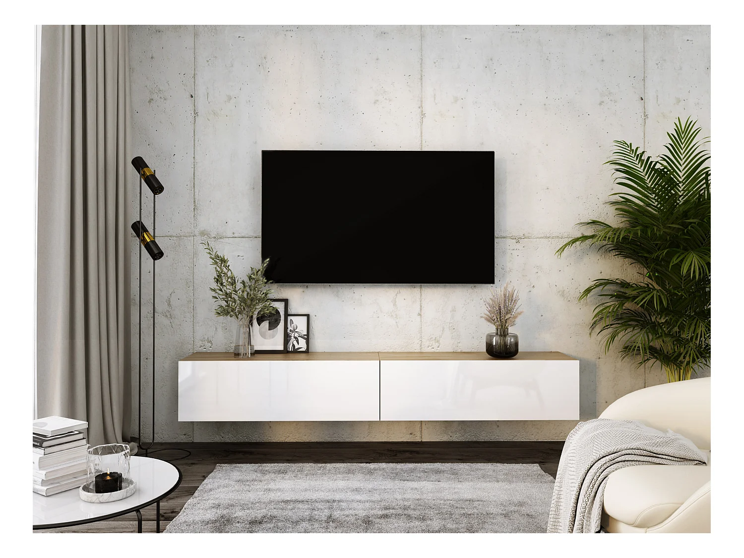 Meuble TV Suspendu, (2 x 100) x 34 x 32 cm, Chêne Wotan / Blanc Brillant