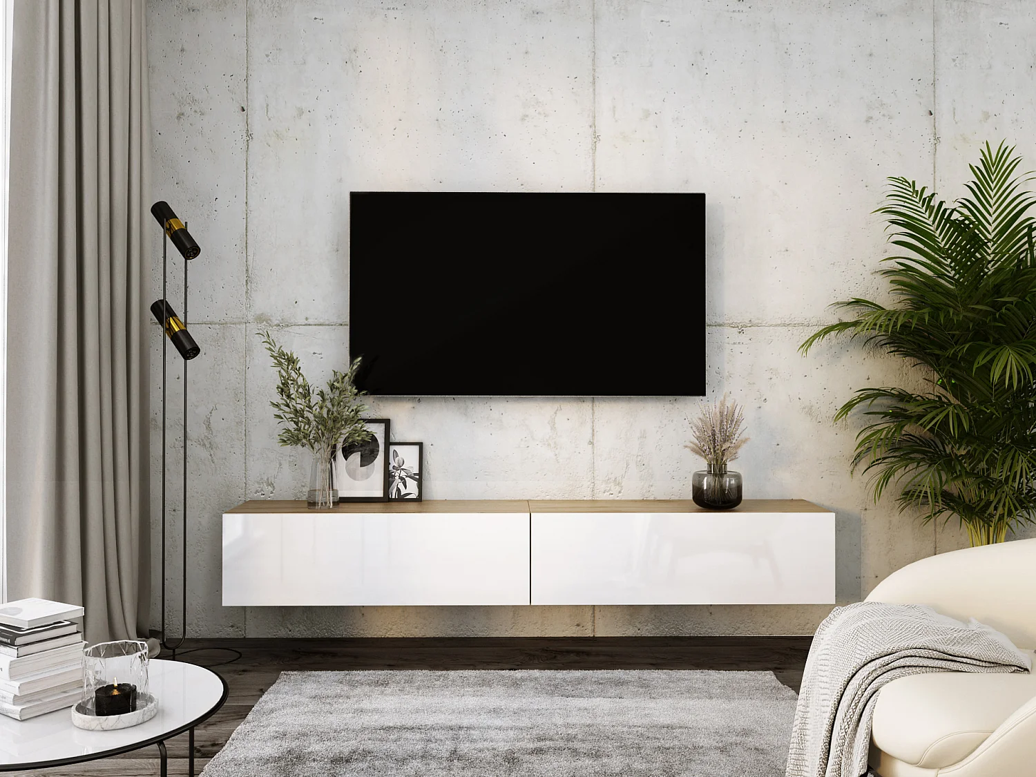 Hangend tv-meubel, (2 x 100) x 34 x 32 cm, Wotan eiken / glanzend wit