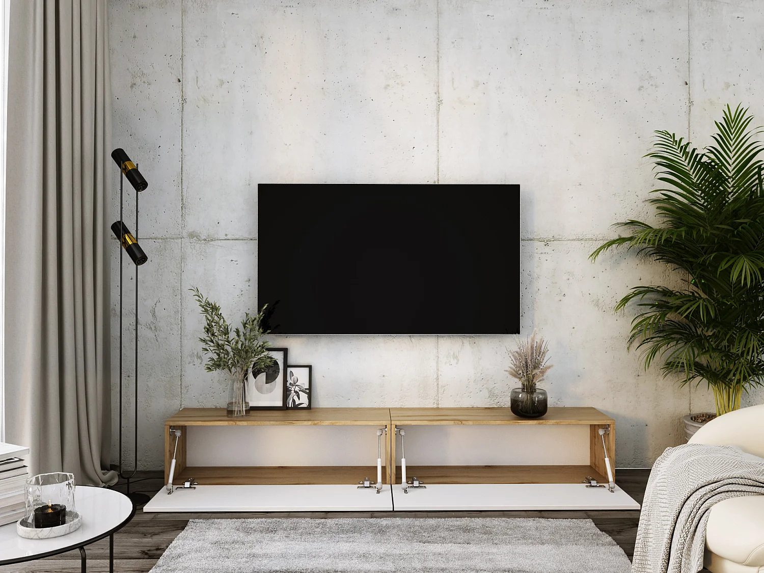 Hangend tv-meubel, (2 x 100) x 34 x 32 cm, Wotan eiken / glanzend wit