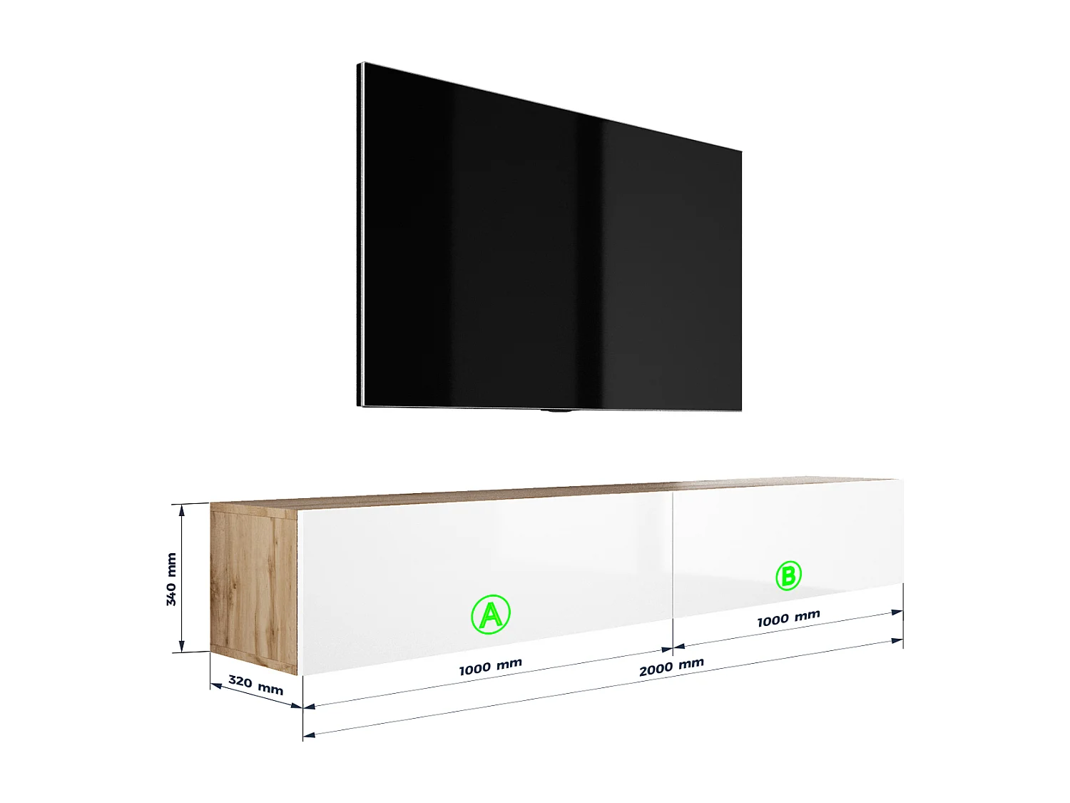 Mobile TV sospeso, (2 x 100) x 34 x 32 cm, Rovere Wotan / Bianco Lucido