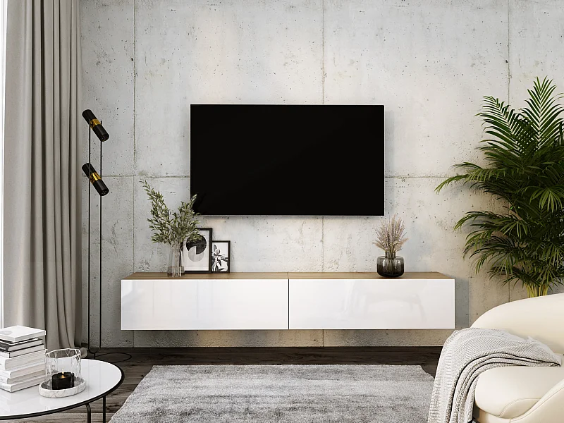 Meuble TV Suspendu, (2 x 100) x 34 x 32 cm, Chêne Wotan / Blanc Brillant