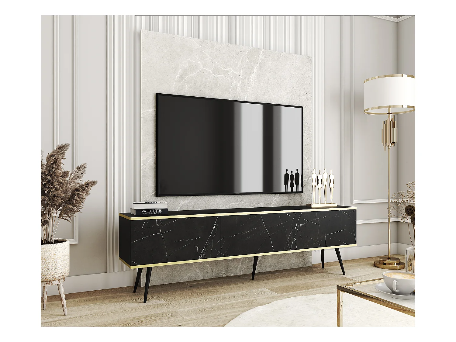 Meuble TV, Noir, pieds Noir, 175 x 30 x 52 cm, Push to Open