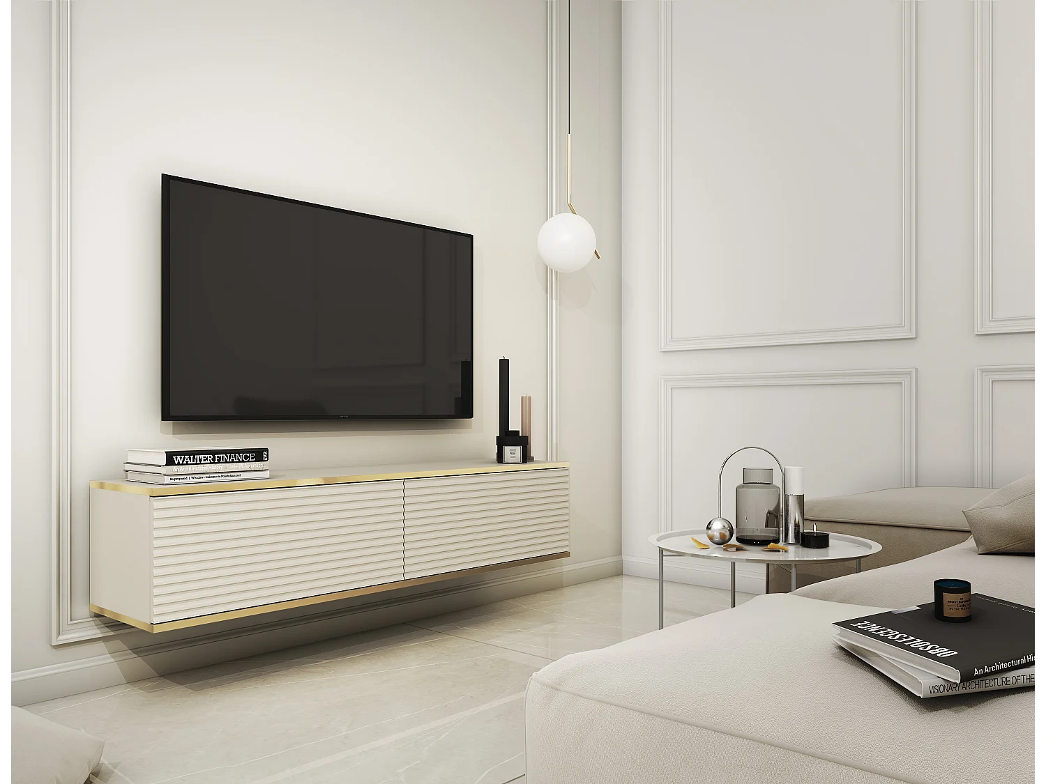 Meuble TV Avec Lamelles Beige, 135 x 30 x 32 cm, Push to Open